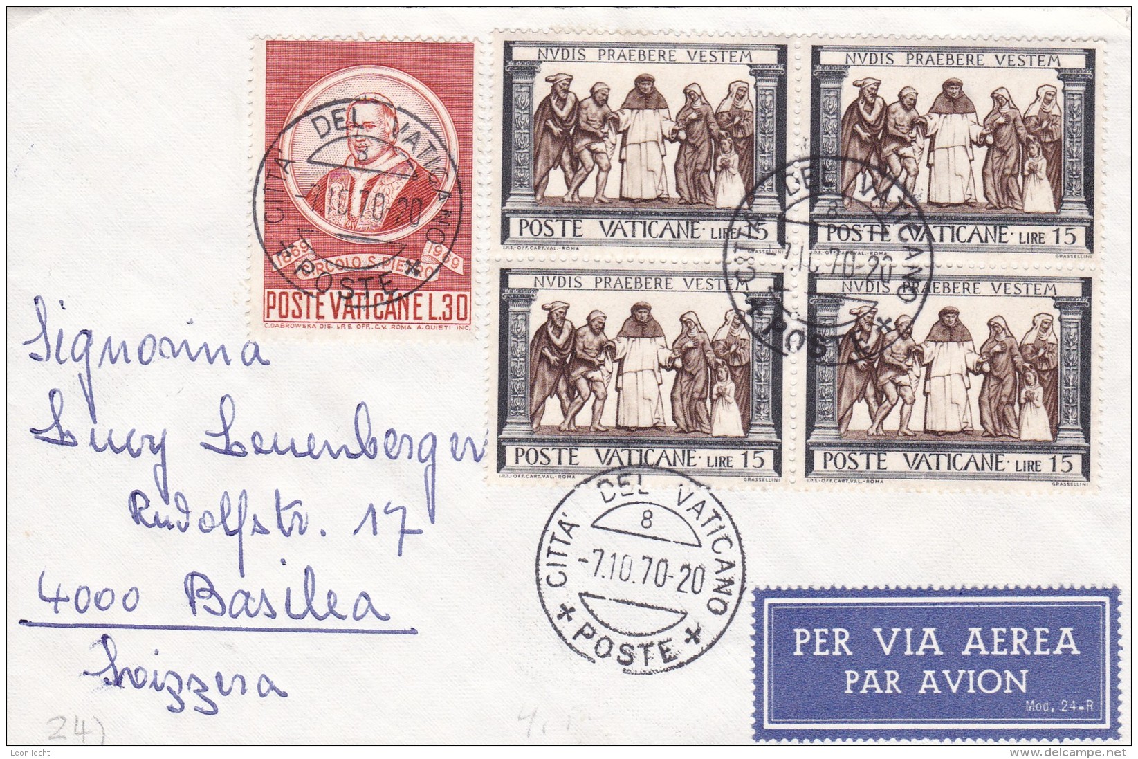 Breif Vaticano 1970. Nach Basilea - Basel. Par Avion. Mi: 553+349 4er Block - Lettres & Documents