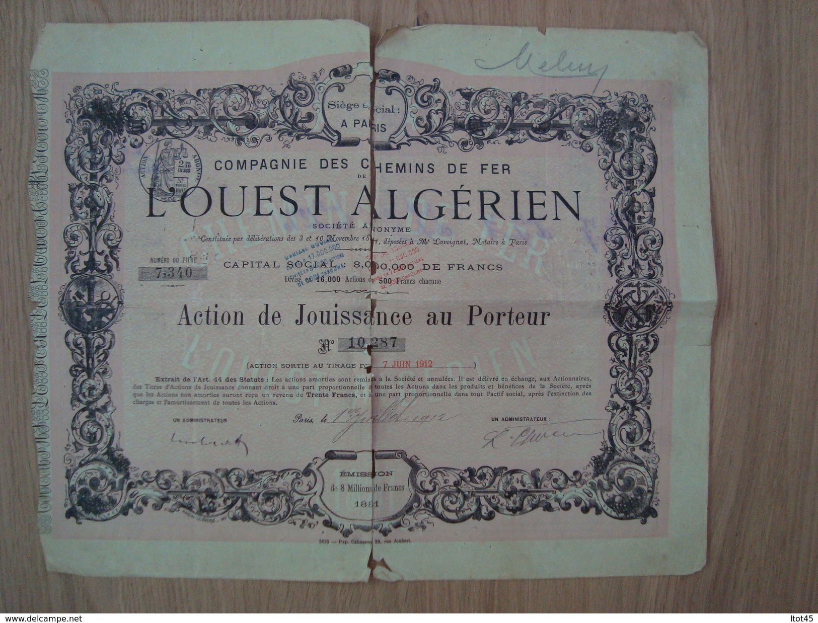 ACTION COMPAGNIE DES CHEMINS DE FER L'OUEST ALGERIEN 1912 - Ferrocarril & Tranvías