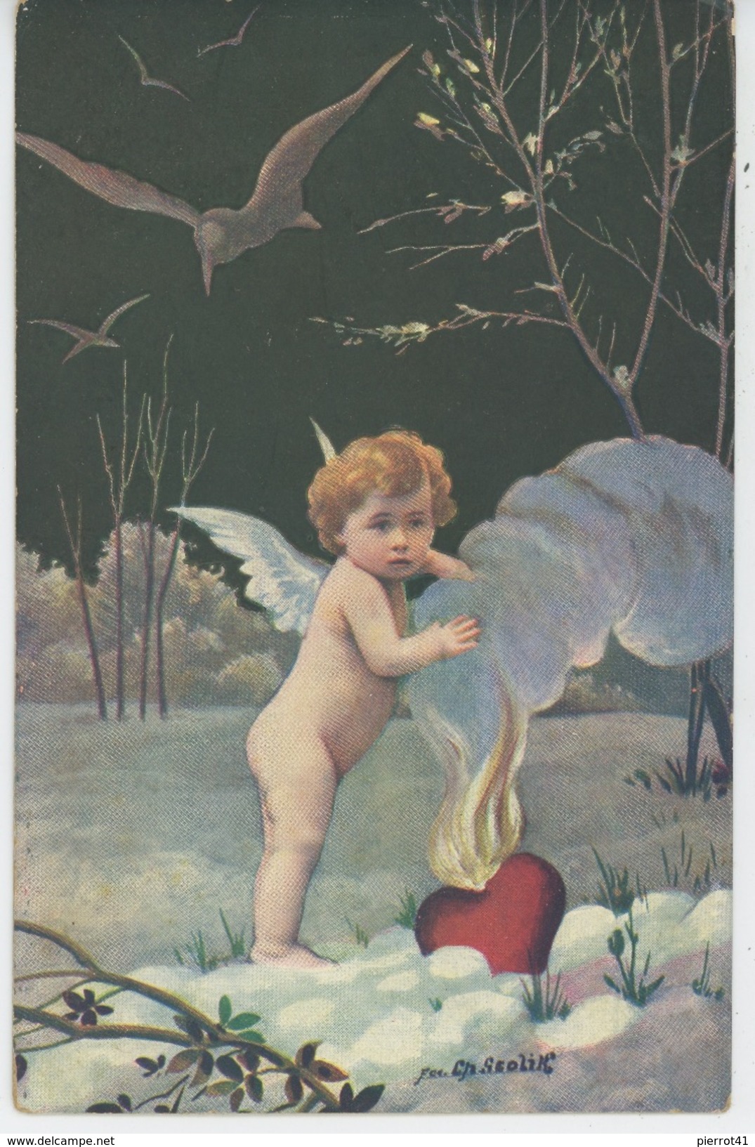 ENFANTS - ANGELOTS - Jolie Carte Fantaisie Enfant Angelot Avec Coeur Dans La Neige Signée CHARLES SCOLIK - Scolik, Charles