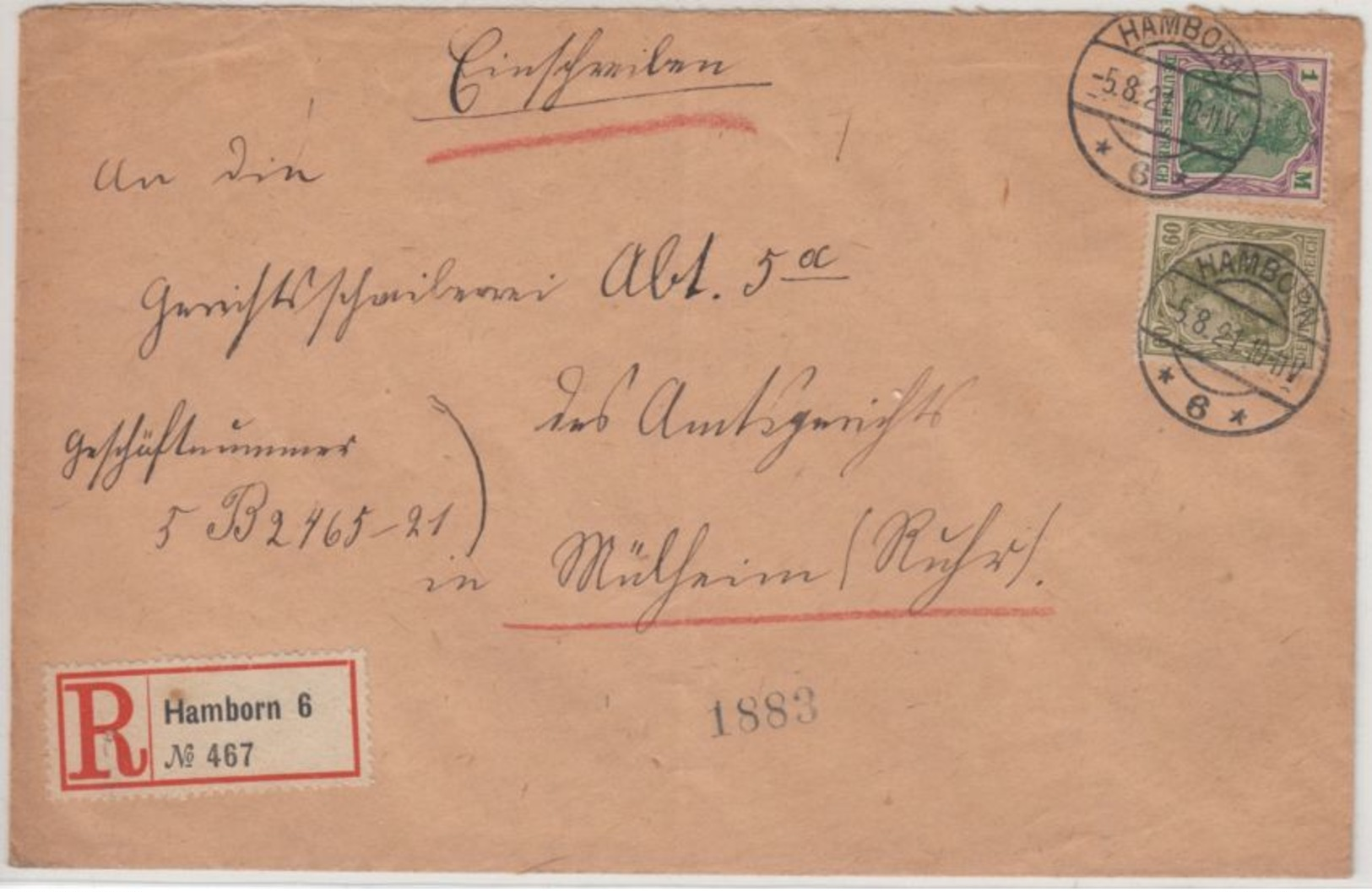 DR - 1 M.+60 Pfg. Germania, Einschreibebrief Hamborn 6 - Mülheim 5.8.1921 - Brieven En Documenten