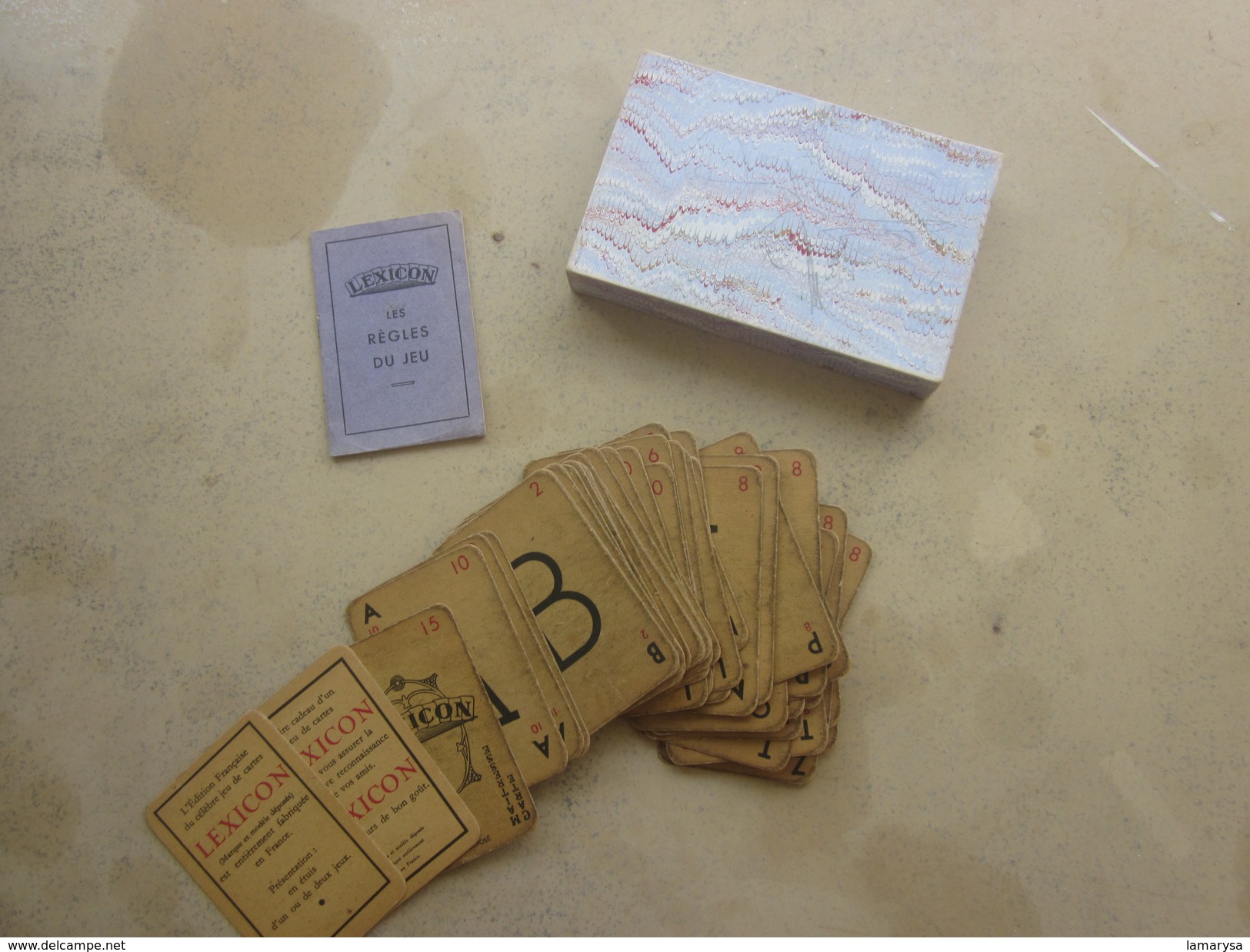 Cartes Jeu de Lettres LEXICON Miro 1937 avec carnet de la Règle du Jeu et Boite d'origine(complet 51+3 cartes)