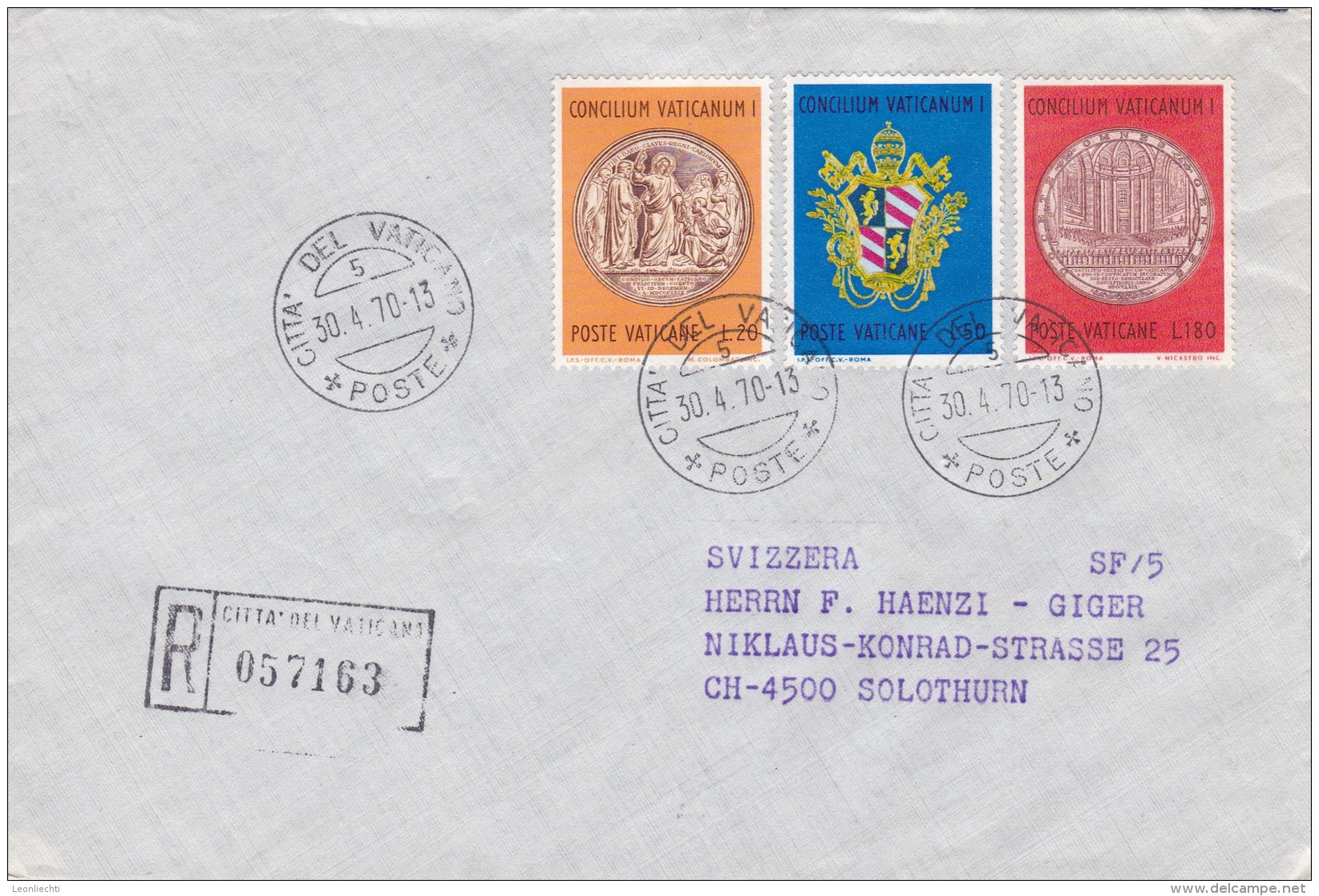 Brief Vaticano 1970. Nach Solothurn. Mi: 561 - 563. Einschreiben - Lettres & Documents