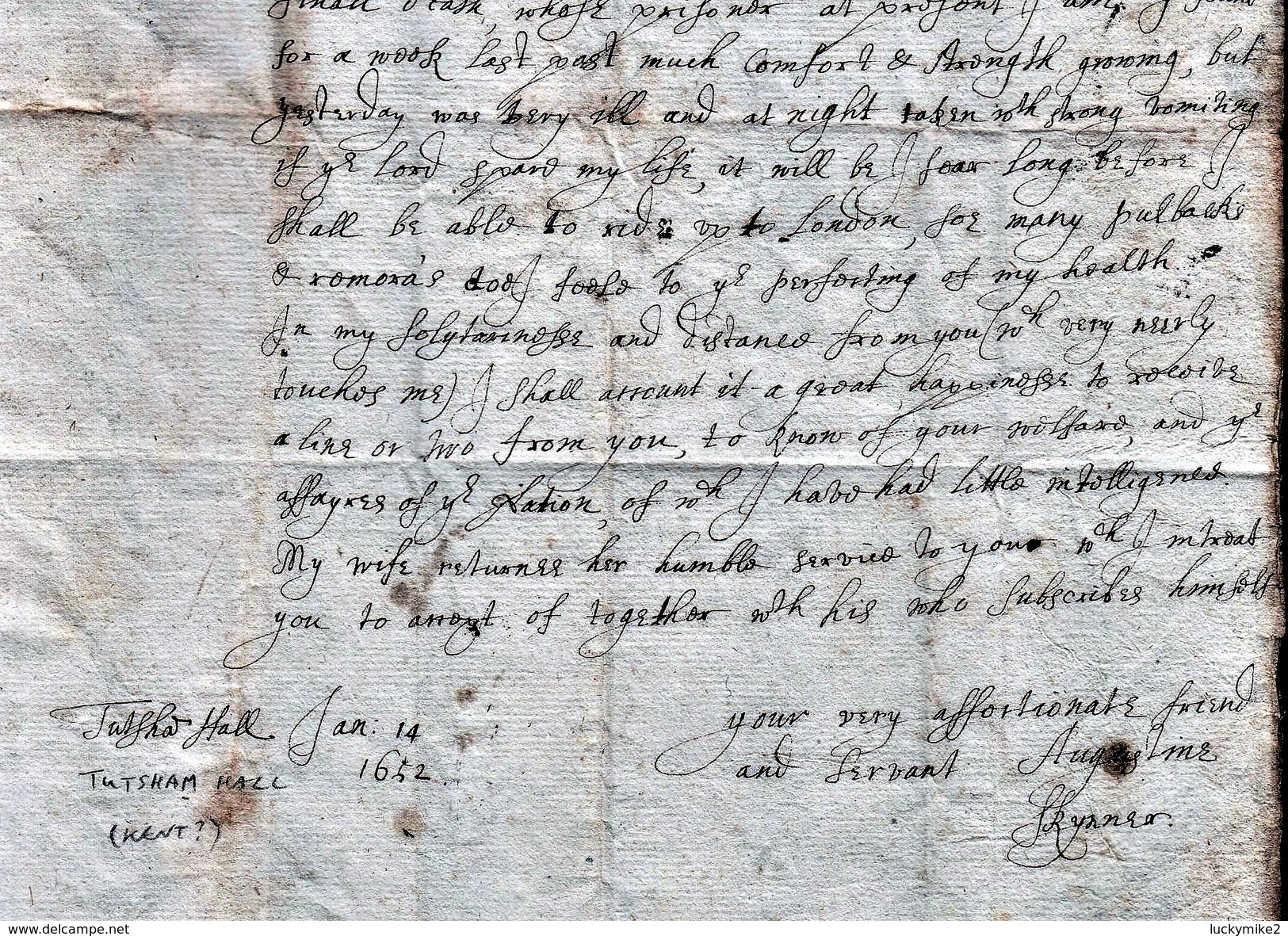 1652 Letter From "Capt. Augustine Skynner, Tutsham Hall" To "Sir Peter Wentworth At His Lodgings In London".  Ref 0374 - Other & Unclassified