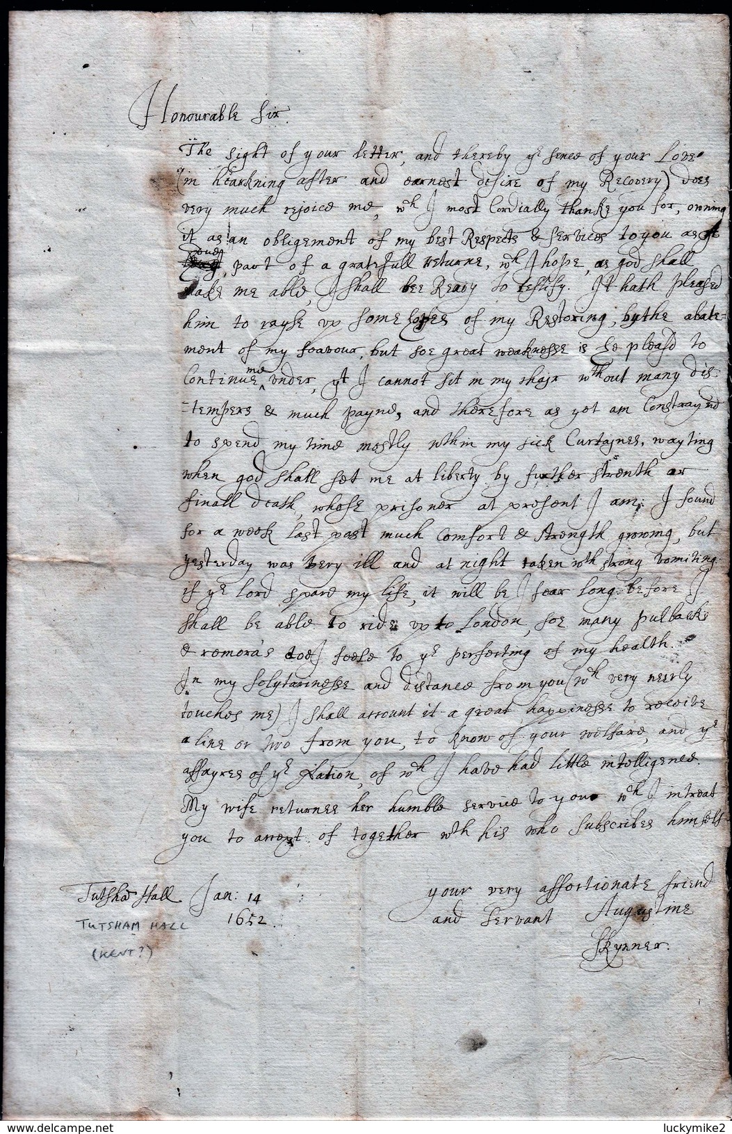 1652 Letter From "Capt. Augustine Skynner, Tutsham Hall" To "Sir Peter Wentworth At His Lodgings In London".  Ref 0374 - Other & Unclassified