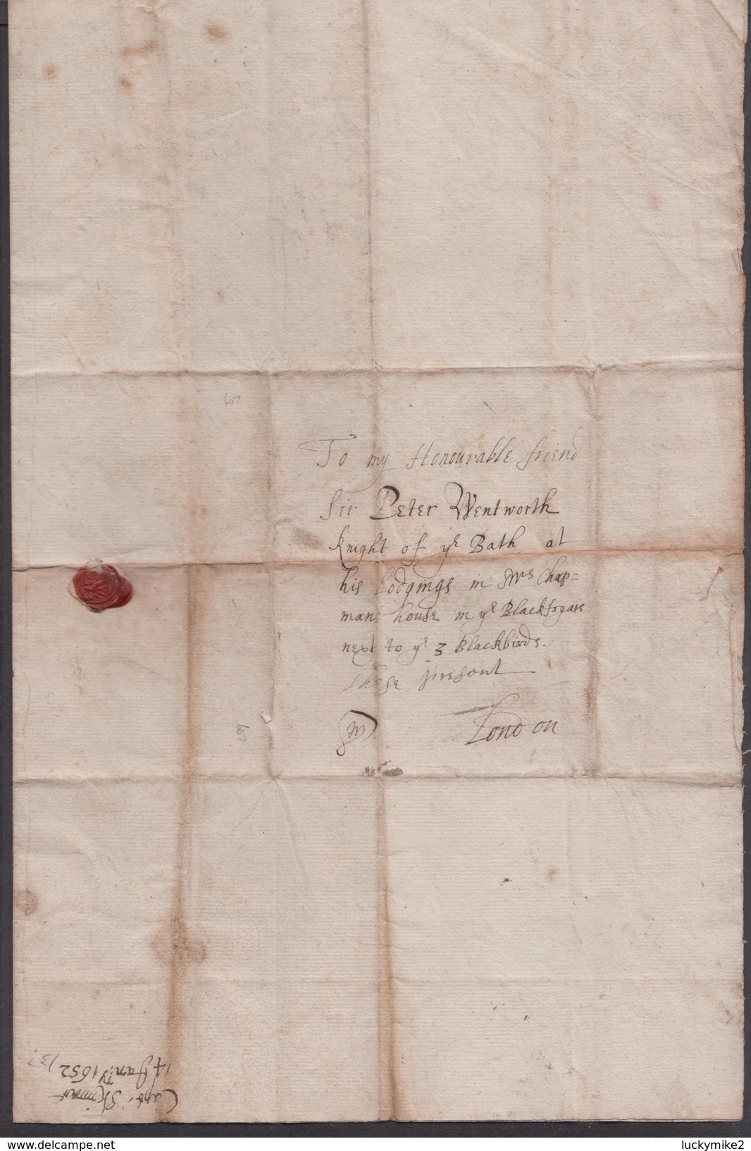 1652 letter from "Capt. Augustine Skynner, Tutsham Hall" to "Sir Peter Wentworth at his lodgings in London".  ref 0374