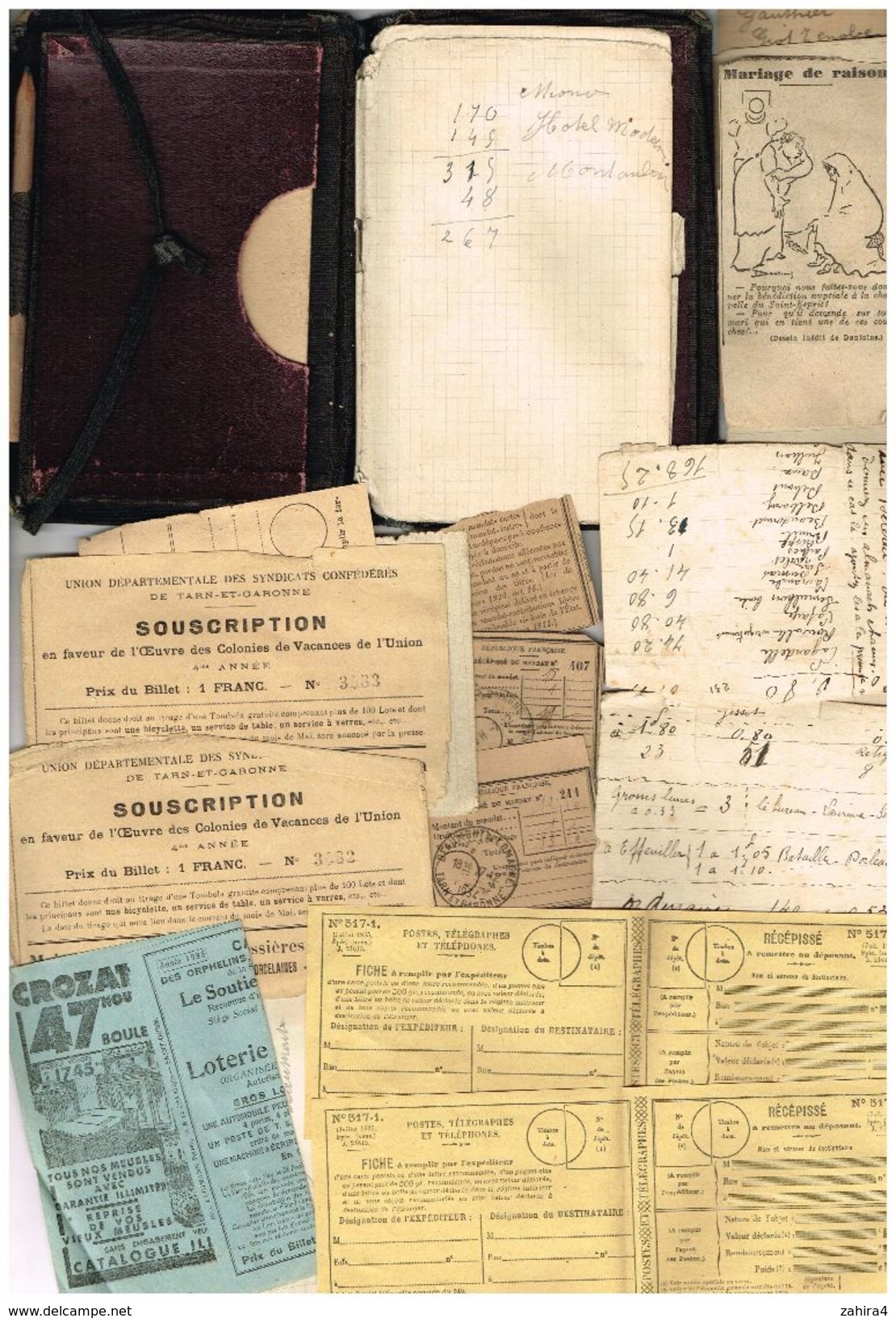 Lot Carnet-pochette Crayon Vieux Document Diver Militaire & Facteur Souscription Poste Tombola PTT Vad-mecum Classe 1905 - Non Classés