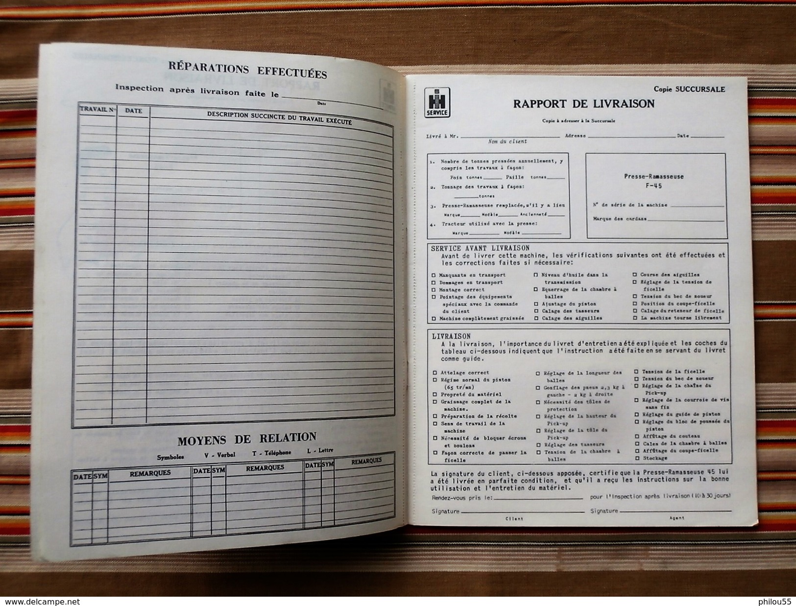 75 PARIS 19e  INTERNATIONAL HARVESTER  MC CORMICK Livret d entretien PRESSE RAMASSEUSE F45 1955