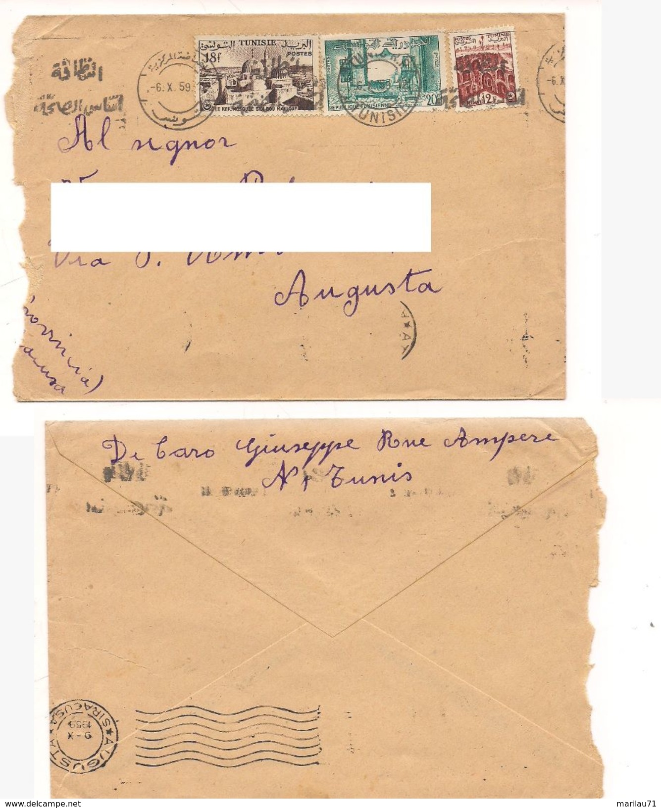 7099 TUNISIA TUNISIE COVER 1959 STAMPS TO ITALY POSTA AEREA AIR MAIL - Tunesien (1956-...)