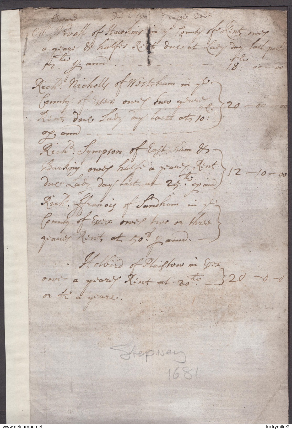 1681(?) Rents Due From Nicholls Of Westham; Sympson Of Eastham; Frfanoy Of Sandham; & Holbird Of Plaistow.  Ref 0375 - Documentos Históricos