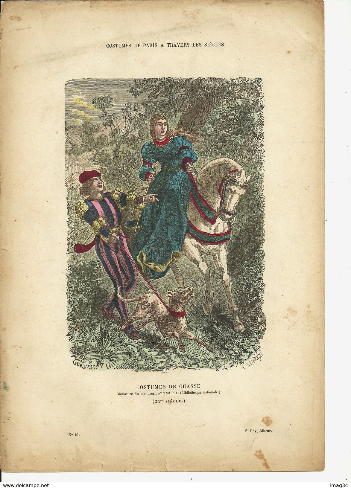 Chasse Diane à Cheval Au XVéme Siècle . Gravure Chien Costume De Chasse Féminin Avec Page Hunting Jagd Caccia Caza Jacht - Collections