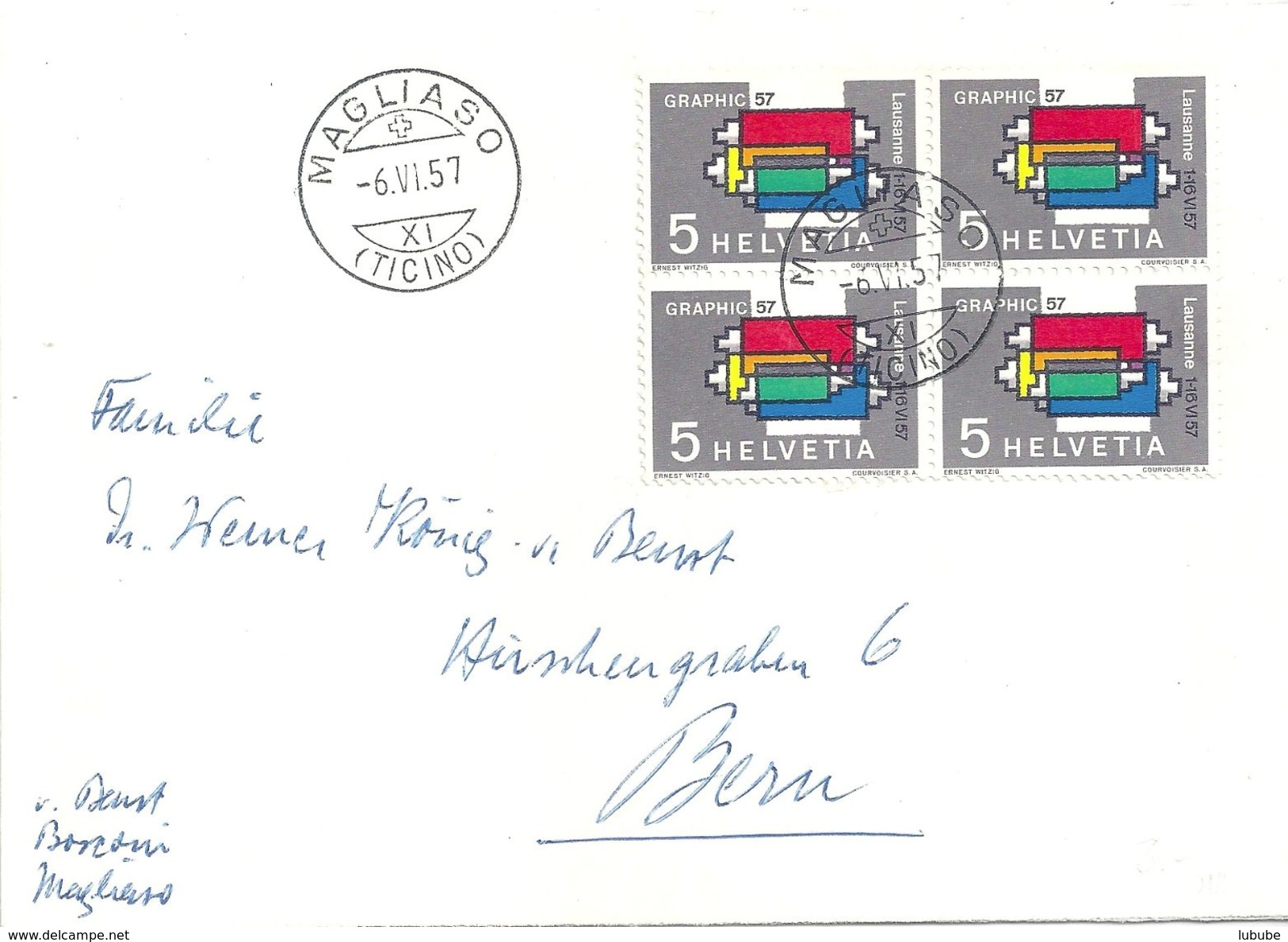 Brief  Magliaso (Ticino) - Bern  (VB-Frankatur)              1957 - Storia Postale