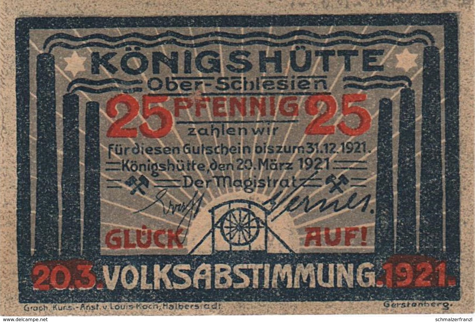 Notgeld Geldschein Note 25 Pfennig Königshütte Oberschlesien Krolewska Huta Gorny Slask Volksabstimmung Plebiscit 1921 - Lokale Ausgaben