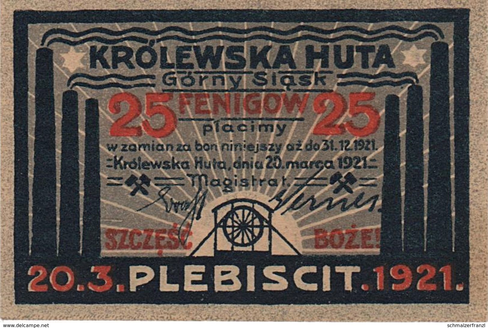 Notgeld Geldschein Note 25 Pfennig Königshütte Oberschlesien Krolewska Huta Gorny Slask Volksabstimmung Plebiscit 1921 - Lokale Ausgaben