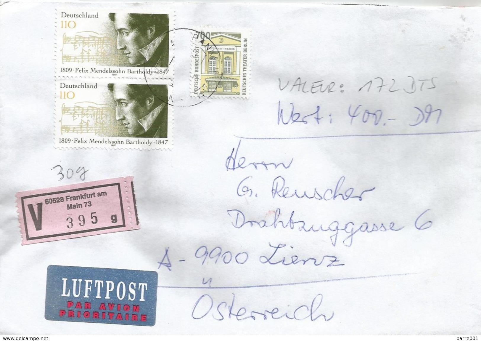 Germany 1998 Frankfurt Composer Felix Mendellsohn V Value Cover - R- & V- Labels