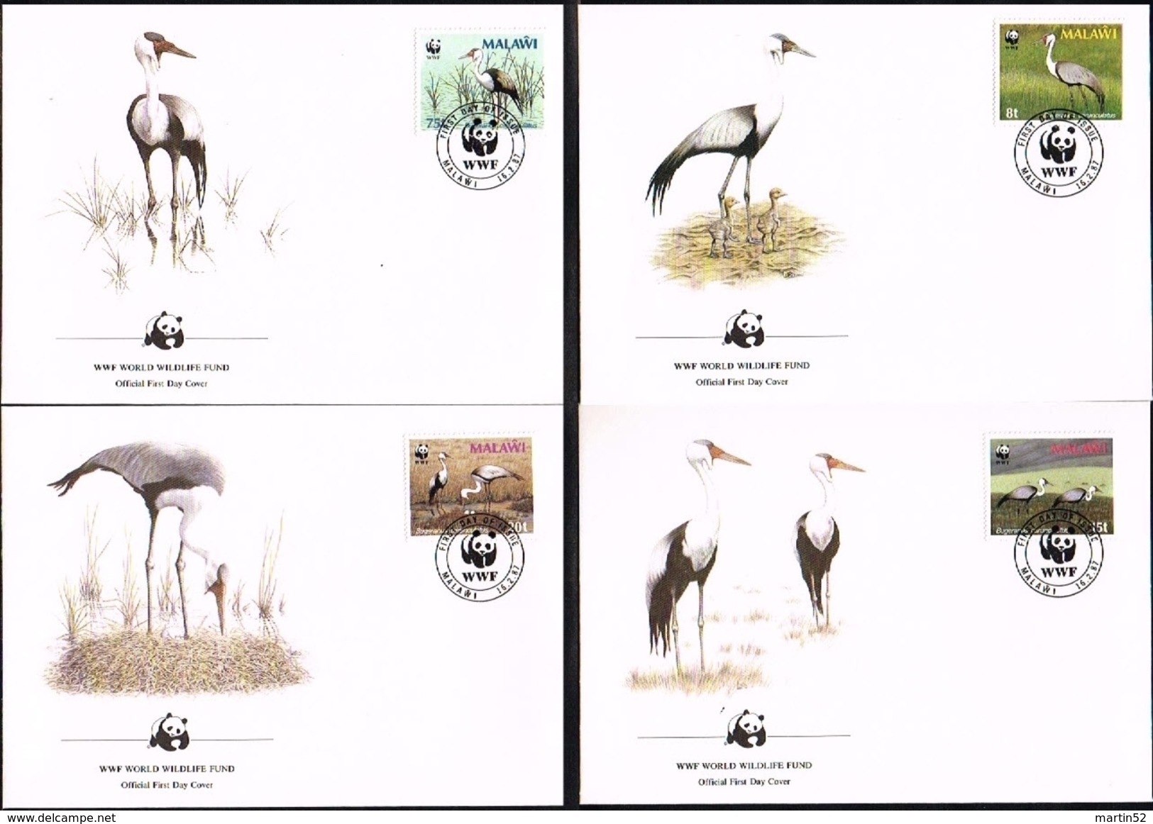 Malawi 1987 WWF Klunker-Kranich (Bugeranus Carunculatus) Michel 477-480 Auf 4 FDC - Grues Et Gruiformes