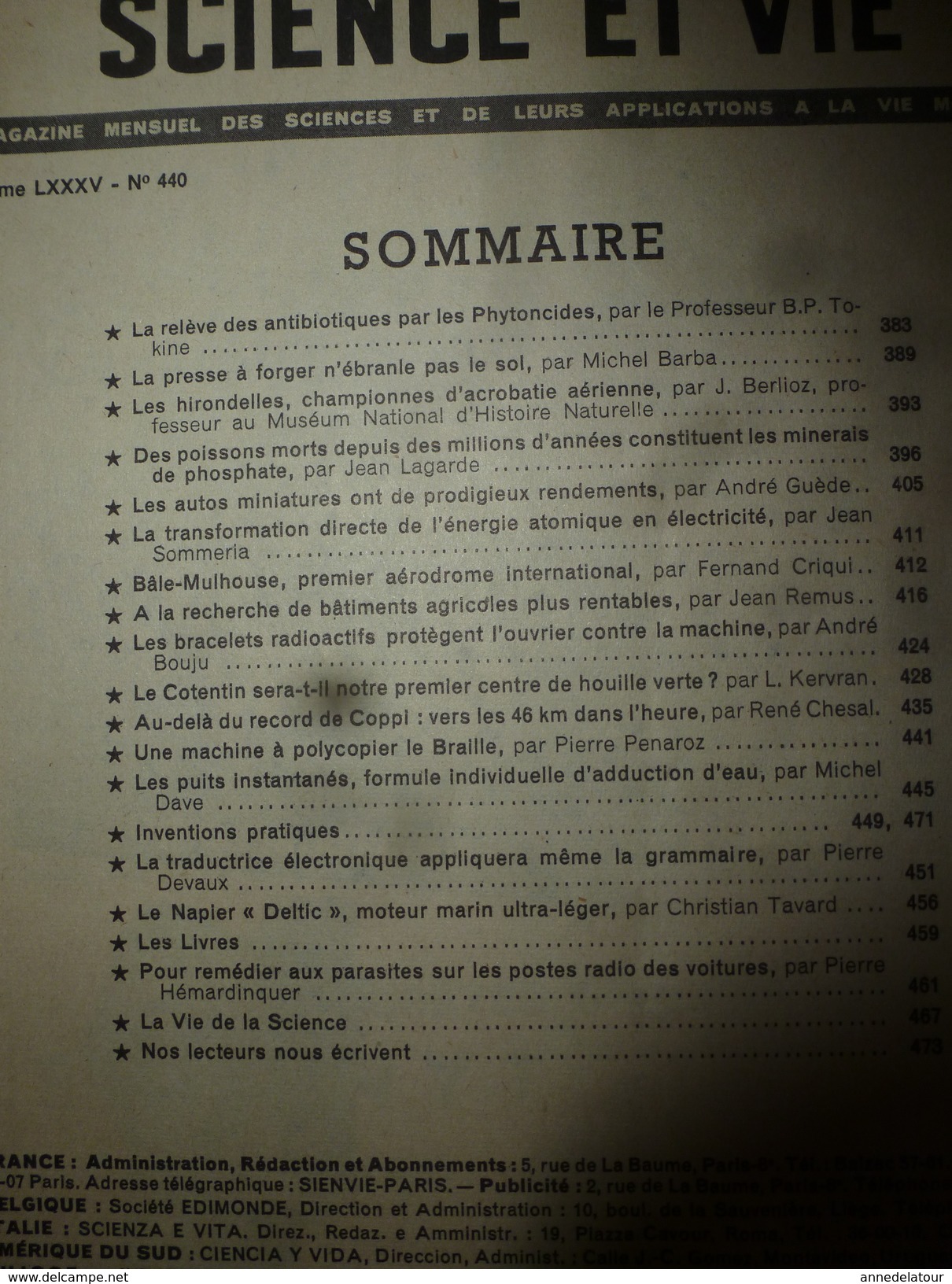 1954 SCIENCE Et VIE  N° 440--> Les Plantes Remplacent La Pénicilline; Les Hirondelles Championnes En Acrobatie; Etc - Science