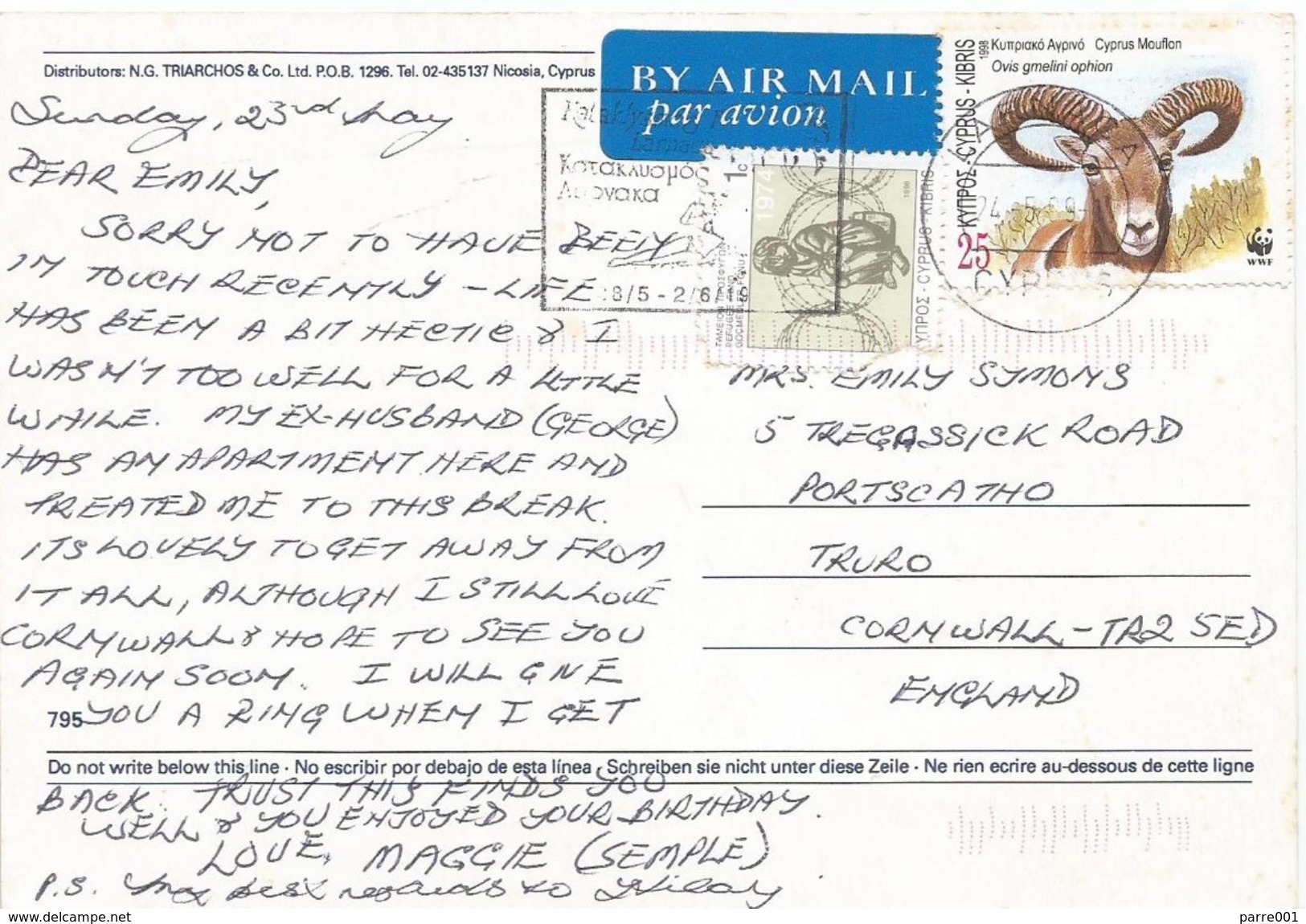 Cyprus 1999 Larnaca WWF Mouflon Viewcard - Brieven En Documenten