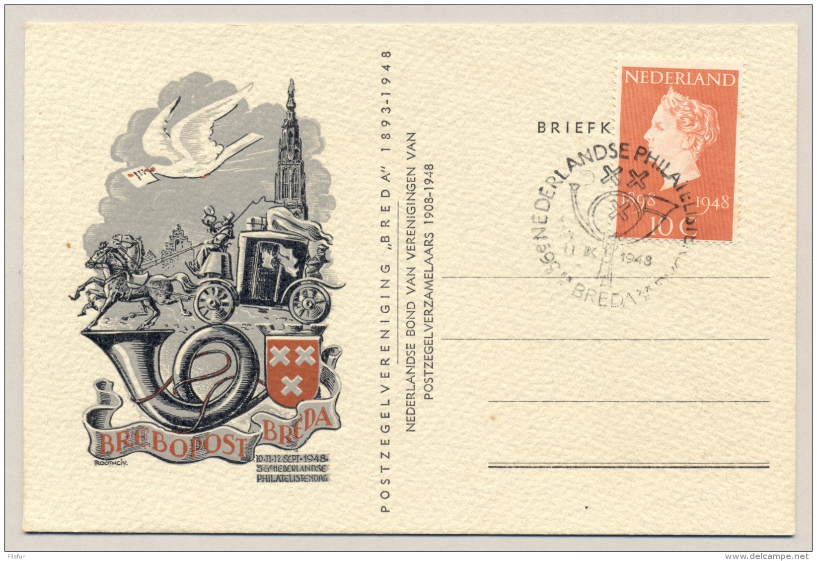 Nederland - 1948 - 10 Cent Inhuldigingszegel Op Speciale Kaart En Stempel Postzegelvereniging Breda - Brieven En Documenten