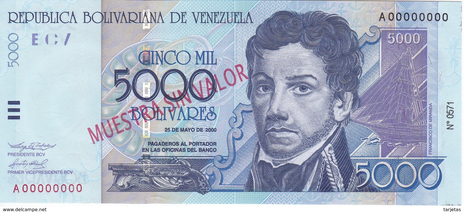 ESPECIMEN - BILLETE DE VENEZUELA DE 5O00 BOLIVARES DEL AÑO 2000 SIN CIRCULAR-UNCIRCULATED (SPECIMEN) (BANKNOTE) MUY RARO - Venezuela