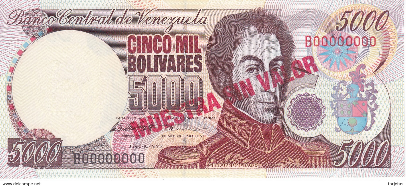 ESPECIMEN - BILLETE DE VENEZUELA DE 5000 BOLIVARES DEL AÑO 1997 SIN CIRCULAR-UNCIRCULATED (SPECIMEN) (BANKNOTE) MUY RARO - Venezuela