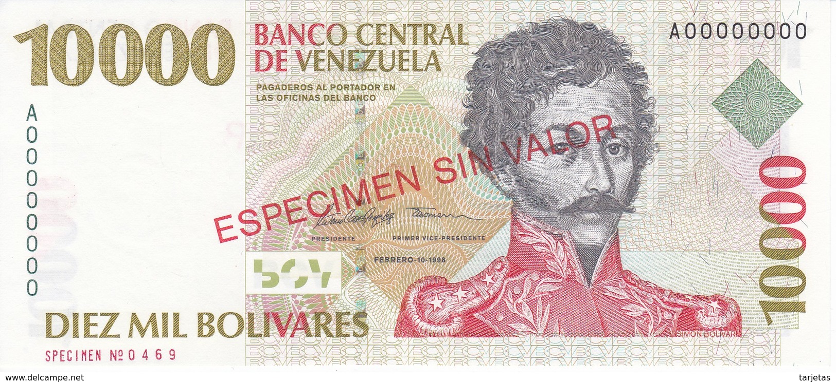 ESPECIMEN -BILLETE DE VENEZUELA DE 10000 BOLIVARES DEL AÑO 1998 SIN CIRCULAR-UNCIRCULATED (SPECIMEN) (BANKNOTE) MUY RARO - Venezuela