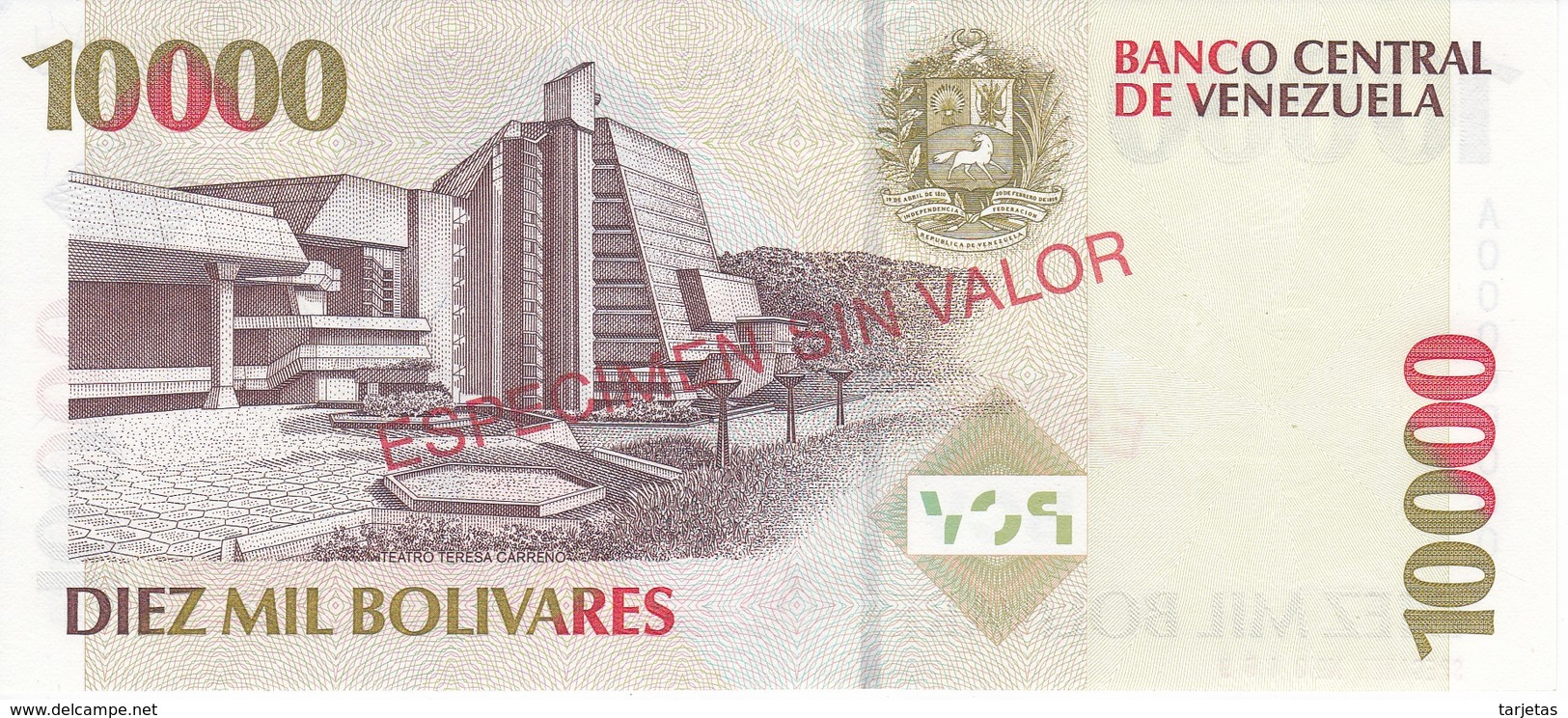 ESPECIMEN -BILLETE DE VENEZUELA DE 10000 BOLIVARES DEL AÑO 1998 SIN CIRCULAR-UNCIRCULATED (SPECIMEN) (BANKNOTE) MUY RARO - Venezuela