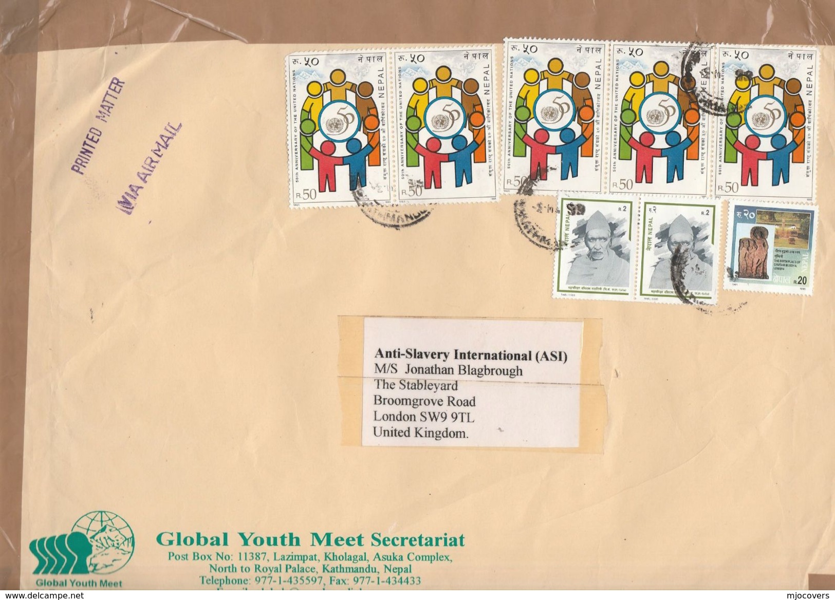 1999 NEPAL COVER Global YOUTH MEET  To ANTI SLAVERY GB Multi UNITED NATIONS Stamps Un - Nepal