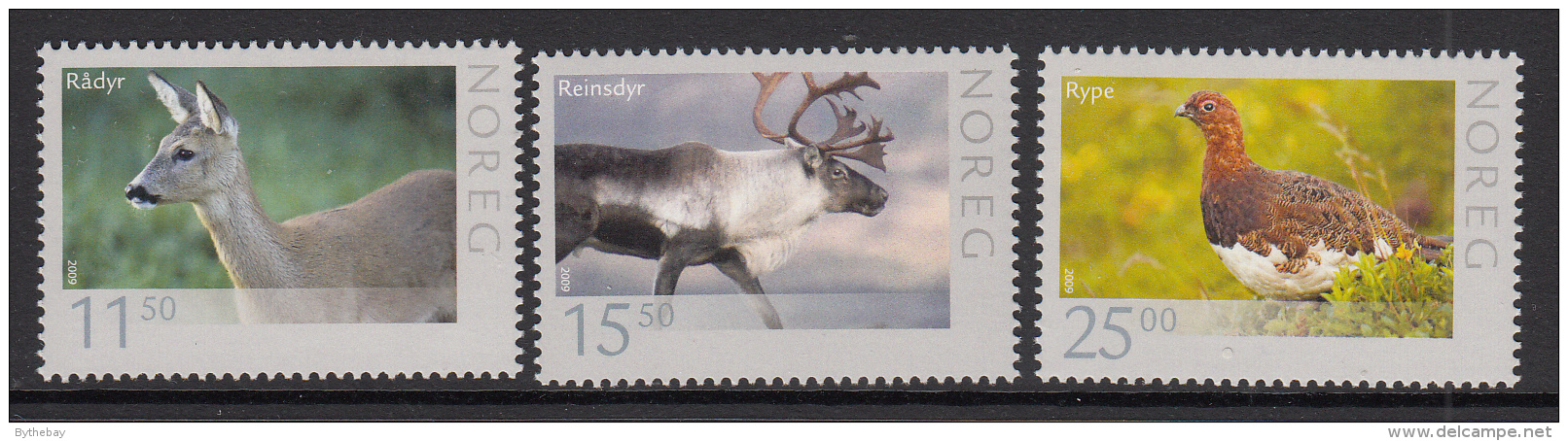 Norway 2009 Scott #1565-#1567 Set Of 3 Wildlife: Roe Deer, Reindeer, Willow Grouse - Unused Stamps