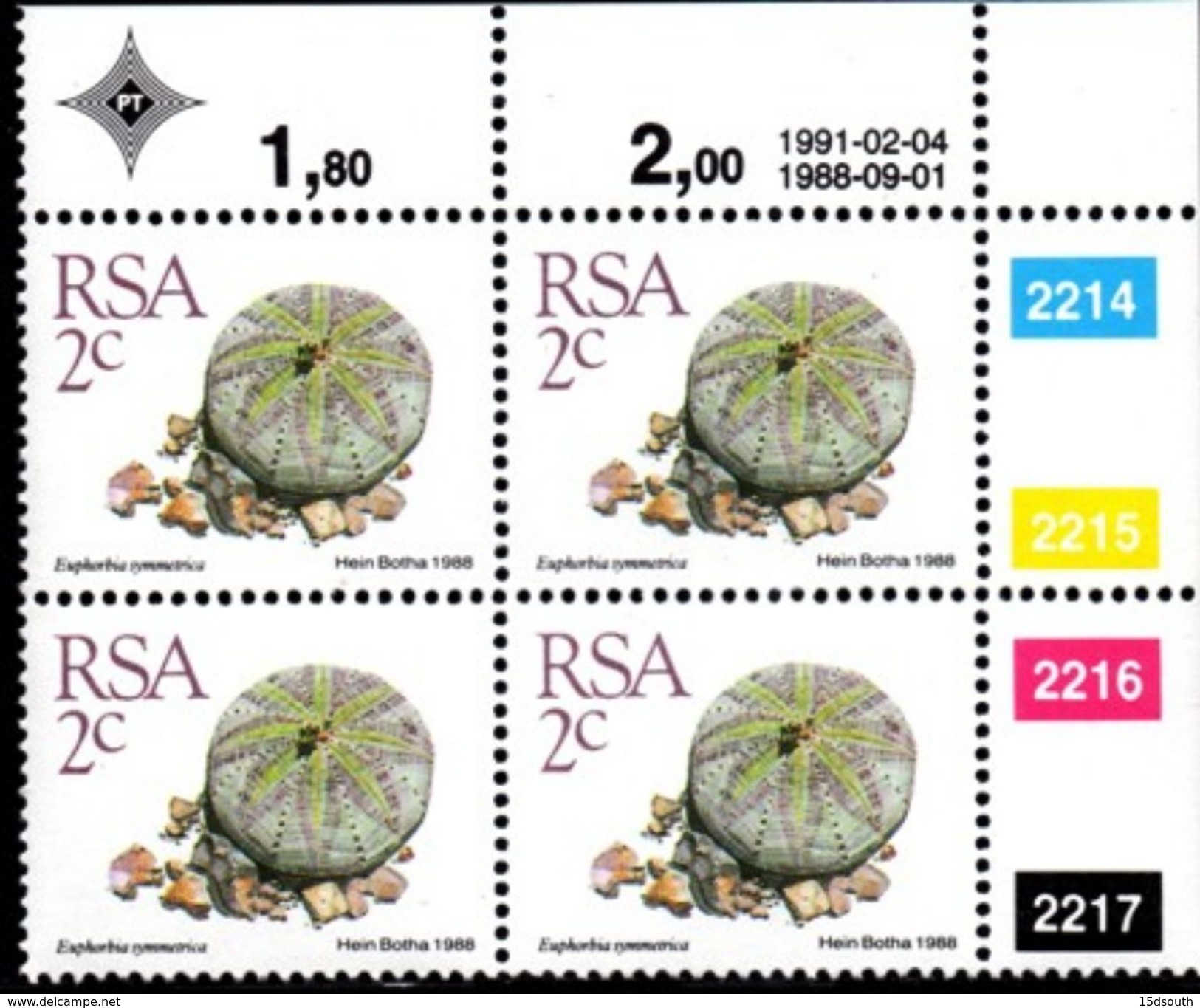 South Africa - 1991 Succulents 2c Reprint Control Block (1991.02.04) (**) - Blocks & Sheetlets