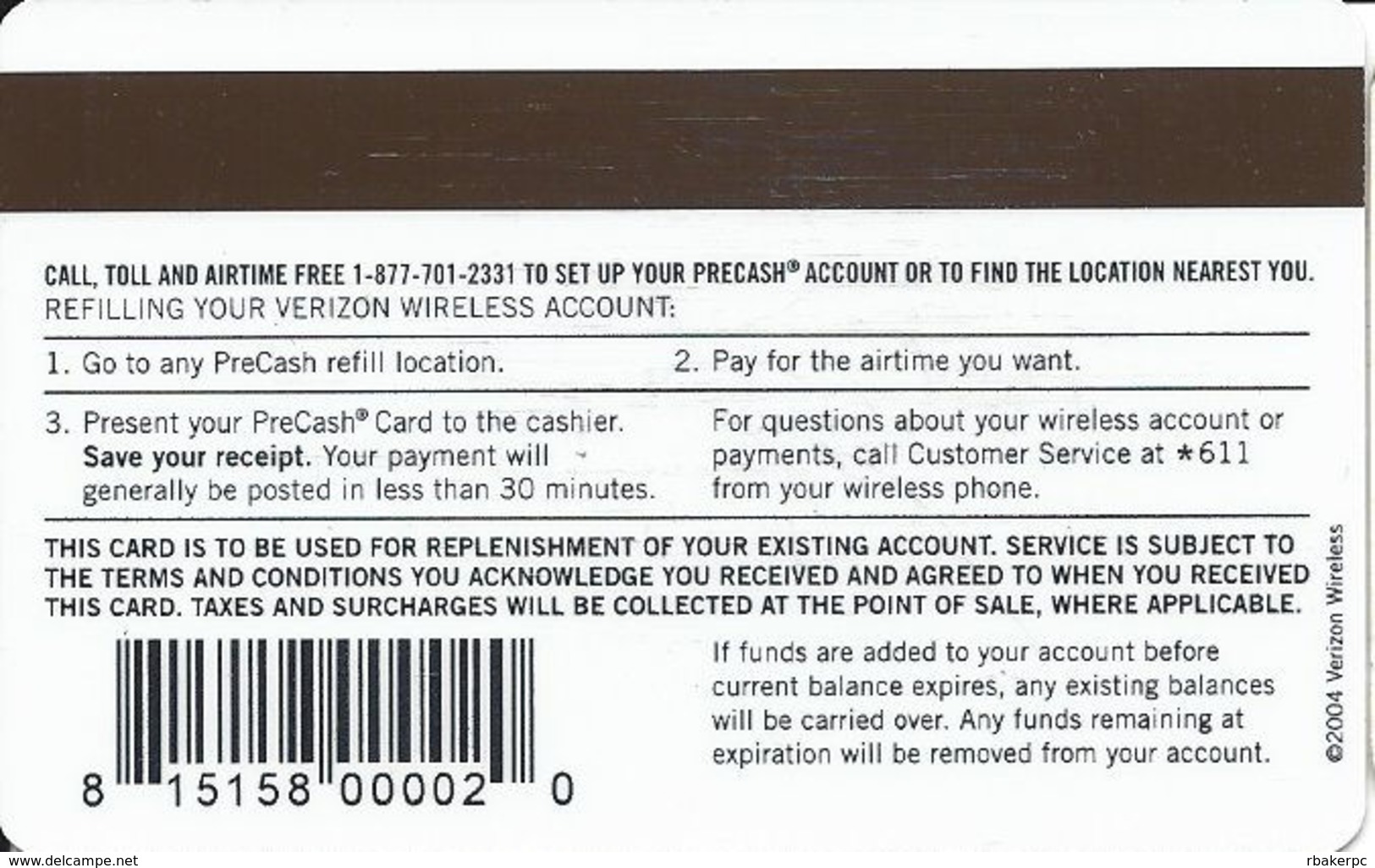 Verizon Wireless Payment Card / PreCash - Cartes Magnétiques