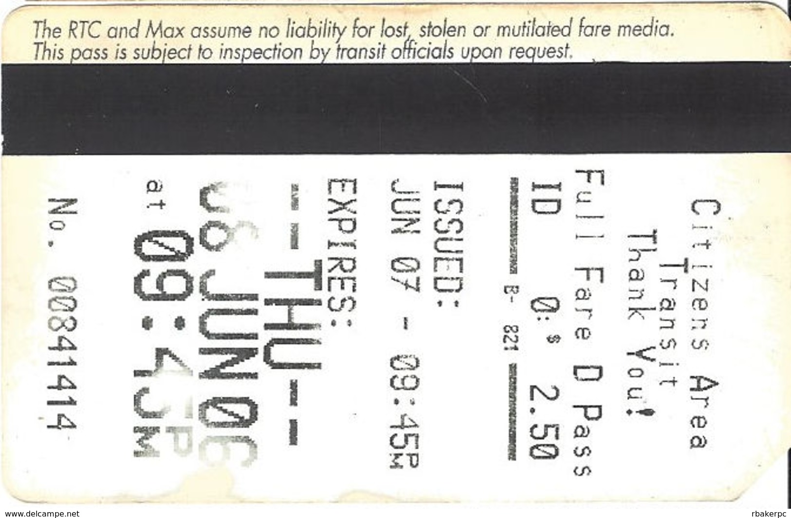 Paper CAT MAX One Day Pass Ticket - 68mm Wide Text Over Mag Stripe - Other & Unclassified