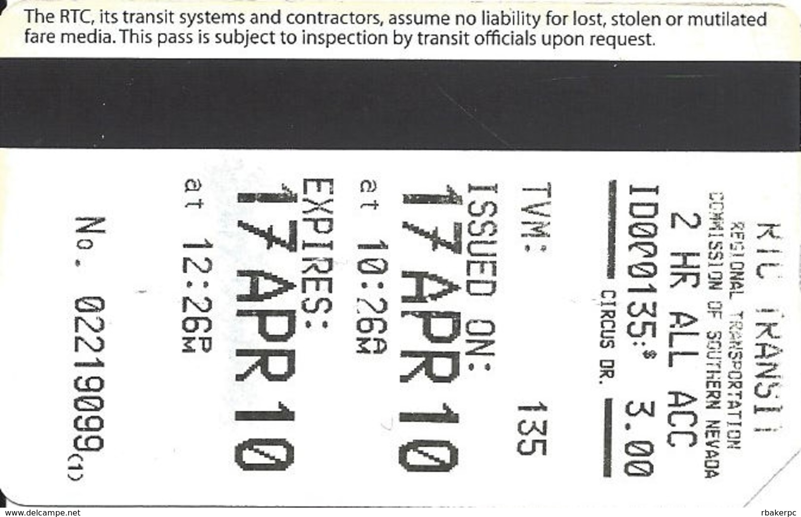 Paper RTC Ticket Southern Nevada Transit Ticket - Gold On Left - Text Over Mag Stripe - Other & Unclassified