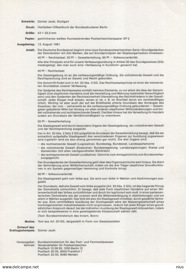Germany Deutschland 1981-19 ETB ERSTTAGSBLATT "Grundgedanken Der Demokratie" First Day Sheet, Bonn - 1981-1990