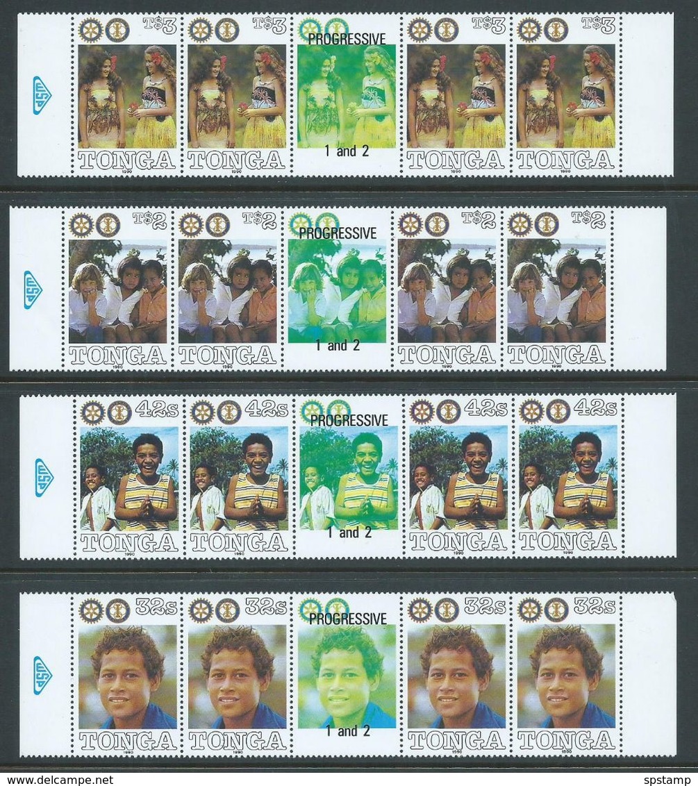 Tonga 1990 Rotary 4 Sets Of 4 In Gutter Strips With Central Colour Separation Label MNH - Tonga (1970-...)