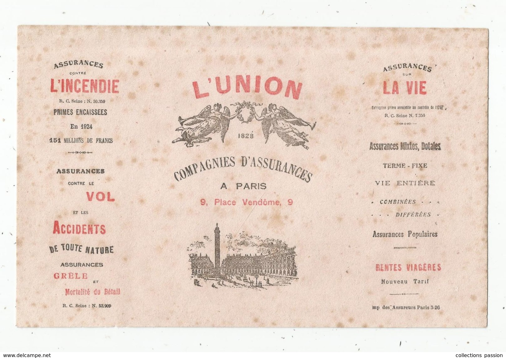 Buvard L'UNION , Compagnies D'assurances à Paris ,9 Place Vendôme , Paris - Other & Unclassified