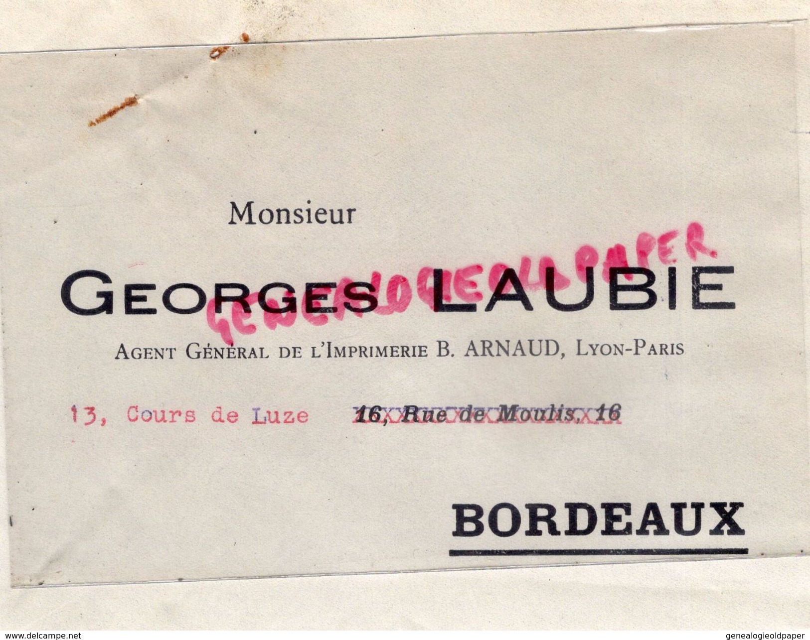 33 - BORDEAUX- ENVELOPPE GEORGES LAUBIE -IMPRIMERIE B. ARNAUD - LYON PARIS- 13 COURS DE LUZE - Drukkerij & Papieren