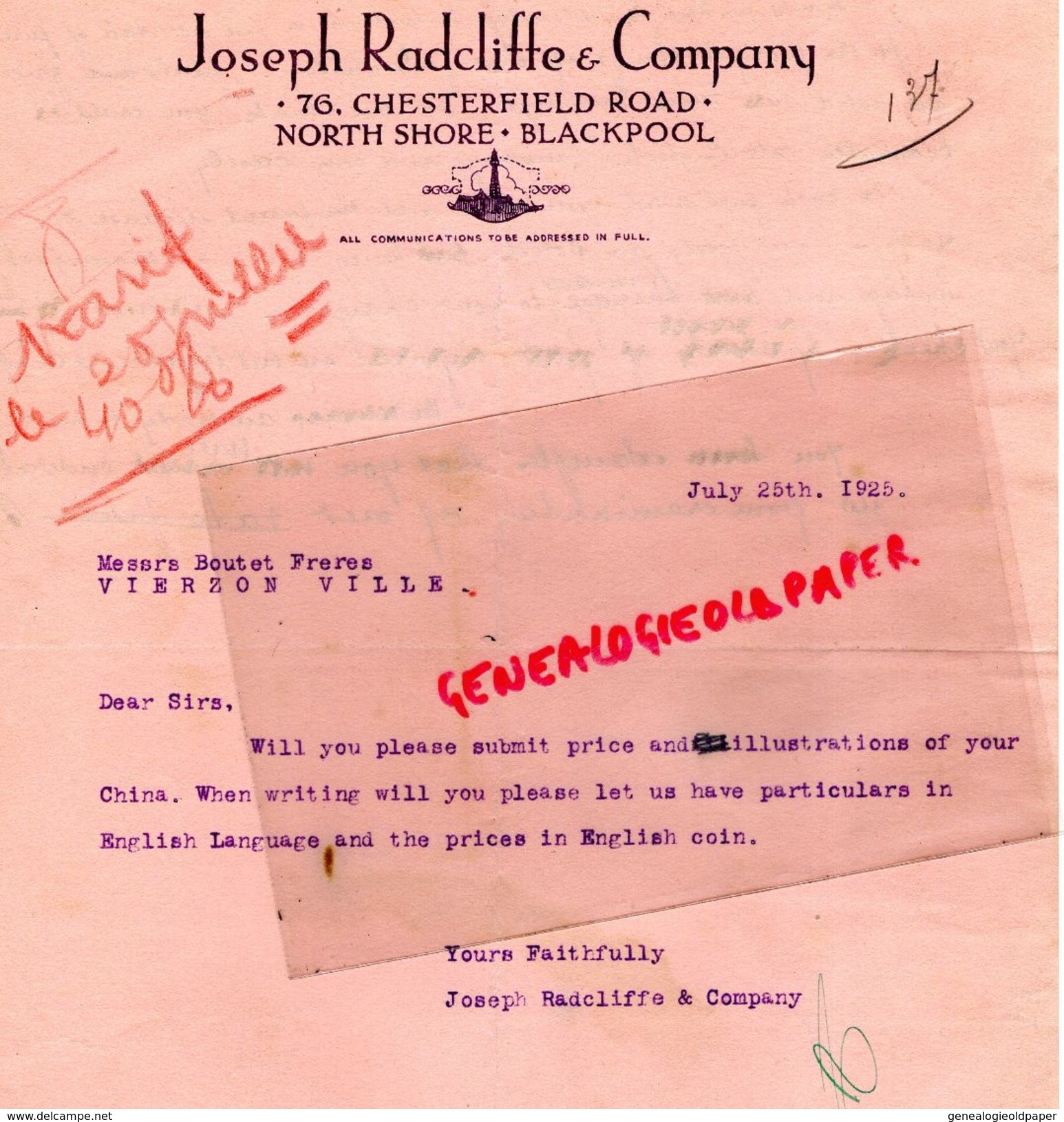 ROYAUME UNI -ANGLETERRE-LETTRE JOSEPH RADCLIFFE COMPANY-76 CHESTERFIELD ROAD-NORTH SHORE -BLACKPOOL- 1925 BOUTET VIERZON - Reino Unido