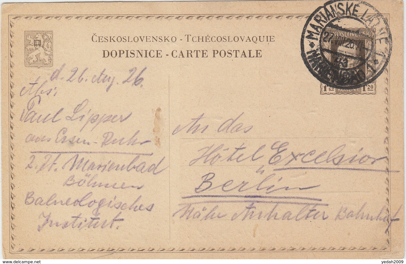 CZECHOSLOVAKIA POSTAL CARD 1926 - Enveloppes