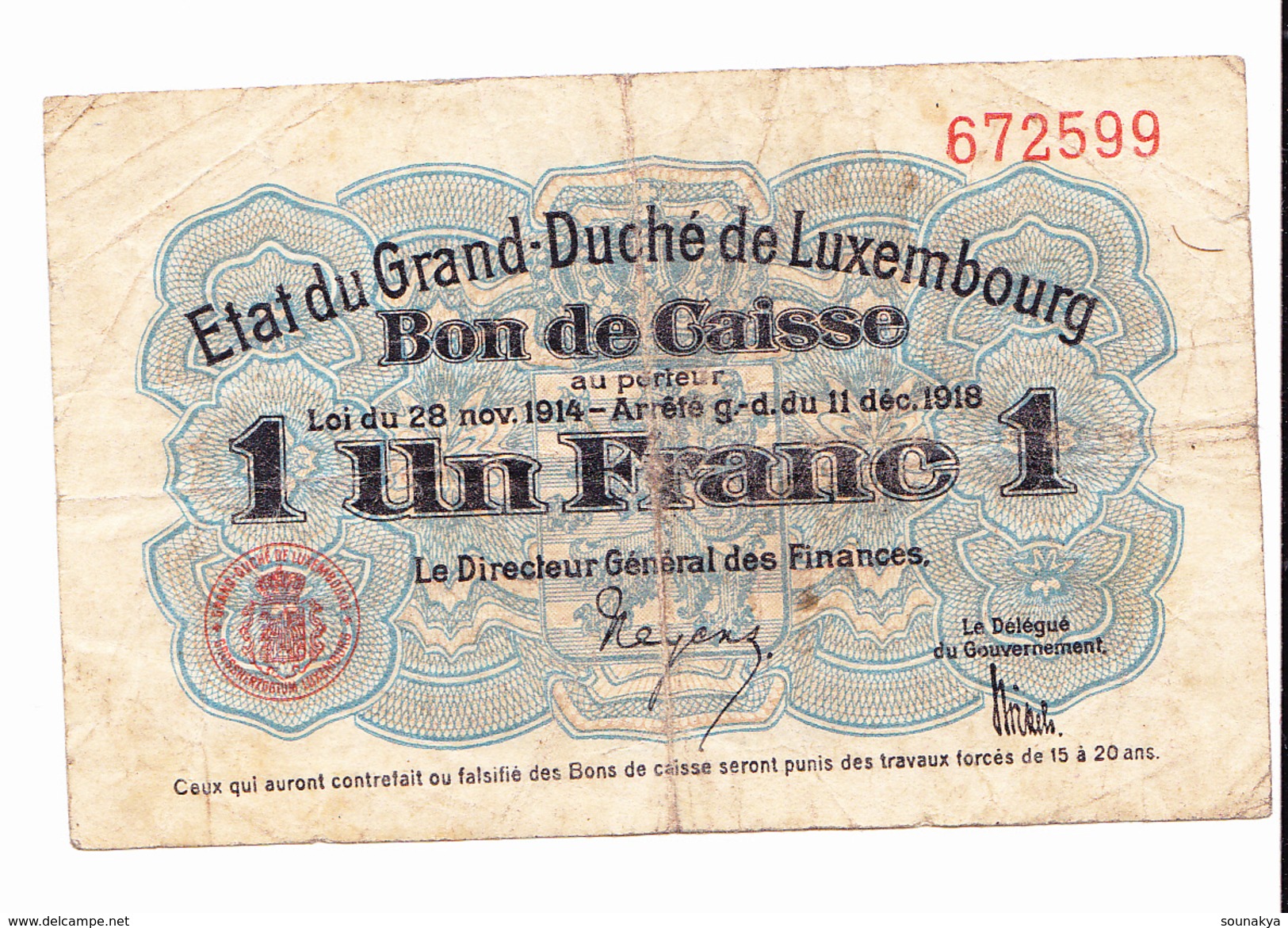 BON De CAISSE 1 Franc Etat Du Grand-duché De LUXEMBOURG 14-18 - 1-2 Francs