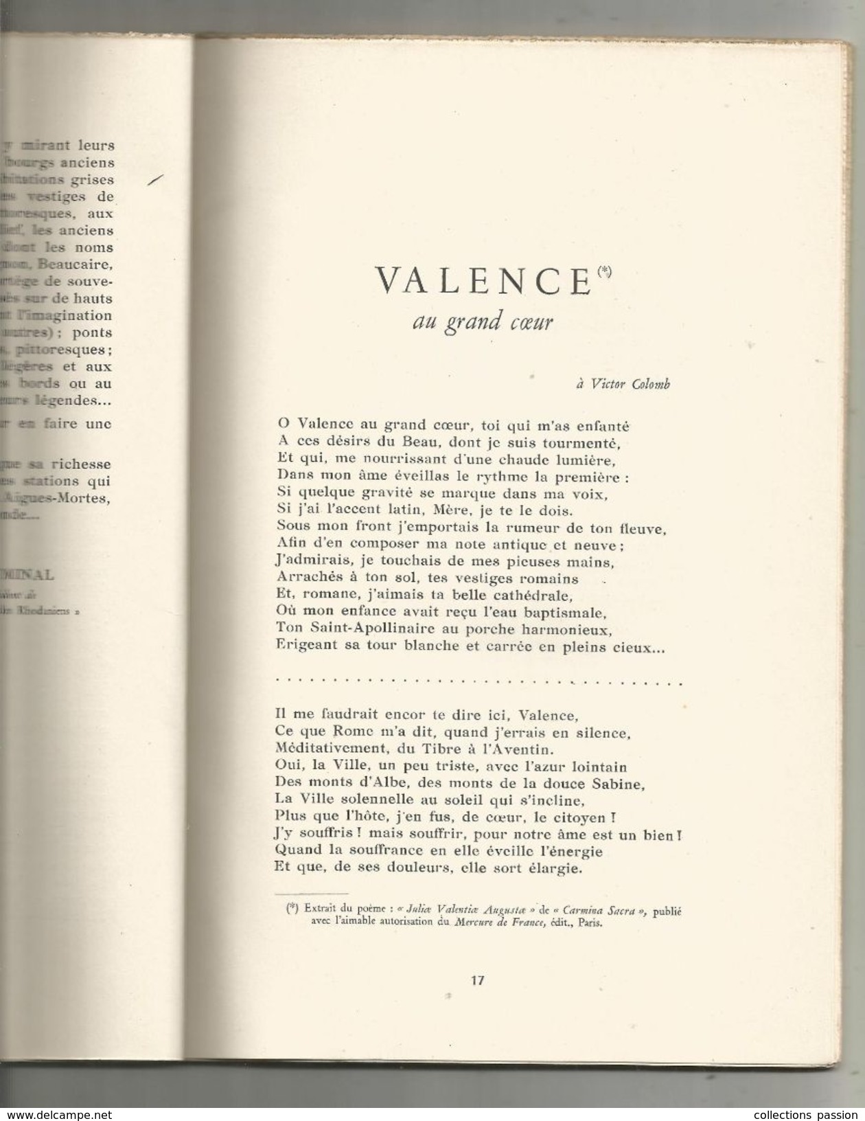 Régionalisme , L'OFFRANDE AU RHÔNE , Hommage à VALENCE Aux Mémoires Romaines, 1951, Frais Fr : 3.45 Euros - Rhône-Alpes