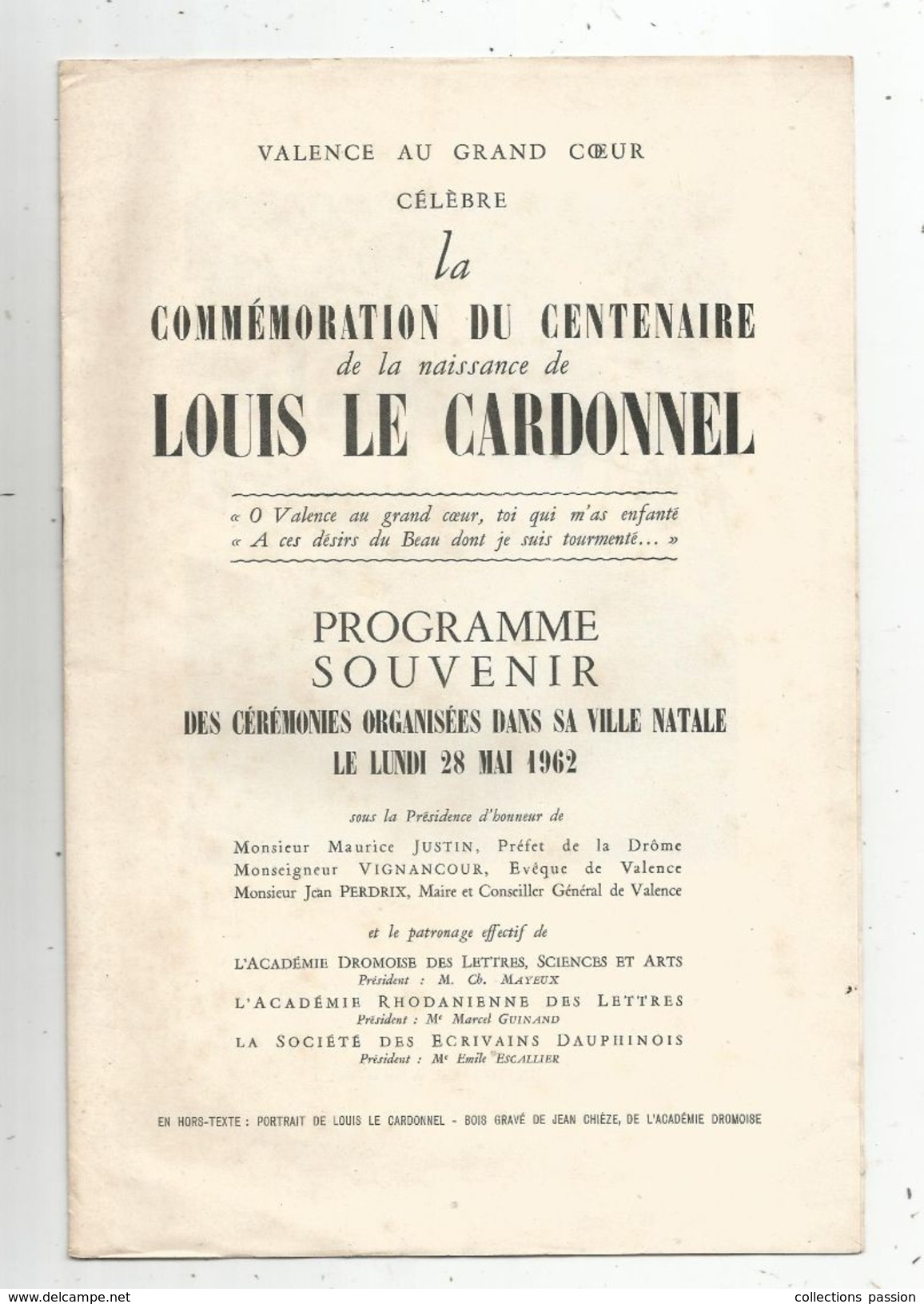 Programme Souvenir Des Cérémonies Commémoration Du Centenaire De La Naissance De Louis Le CARDONNEL , Frais Fr : 1.55 E - Programmes