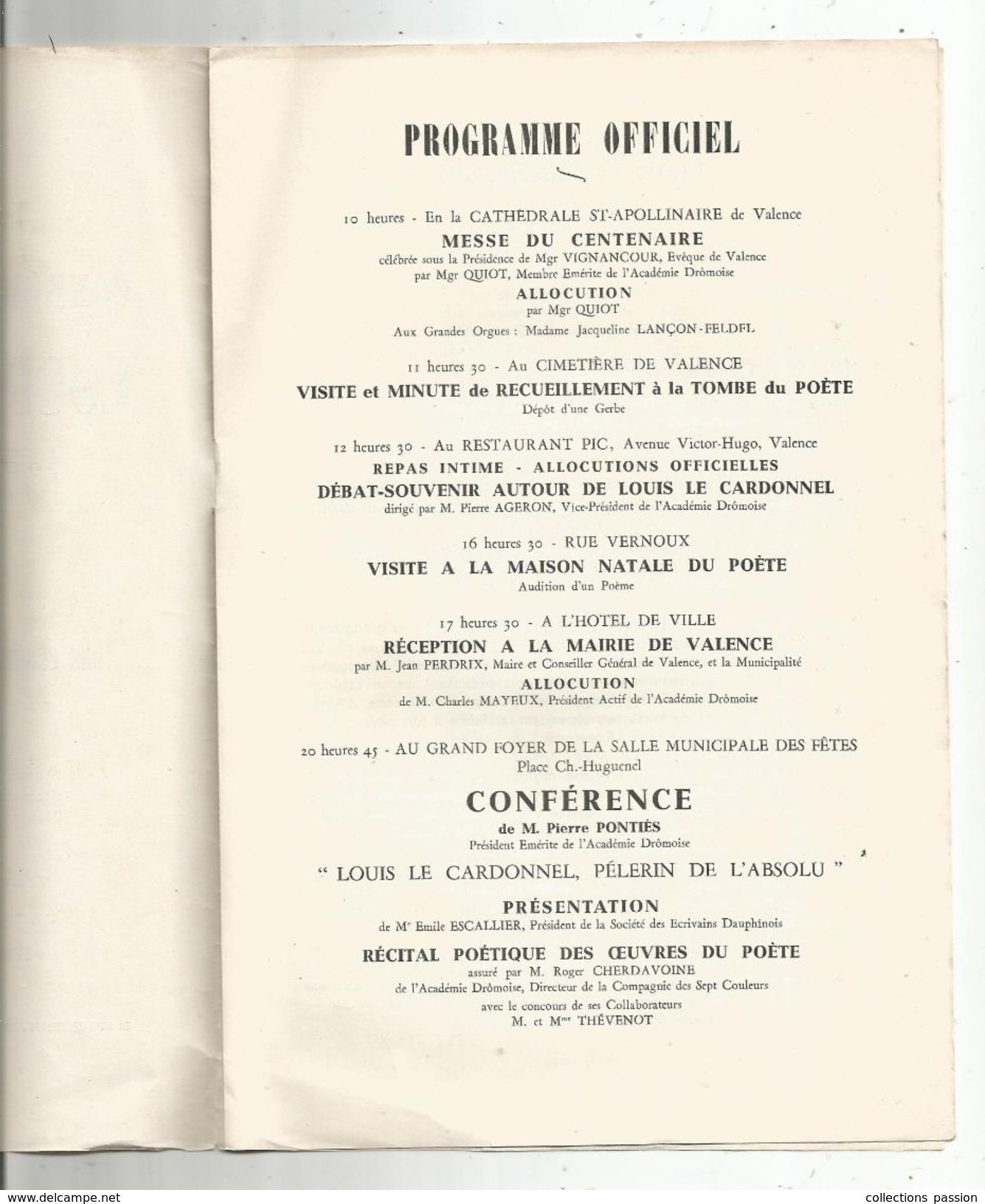 Programme Souvenir Des Cérémonies Commémoration Du Centenaire De La Naissance De Louis Le CARDONNEL , Frais Fr : 1.55 E - Programmes