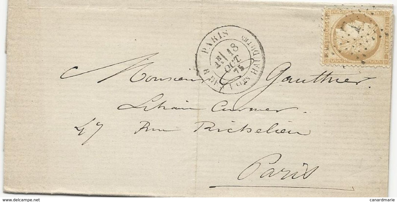 LETTRE 1875 AVEC CACHET ETOILE DE PARIS 7 - 1849-1876: Période Classique