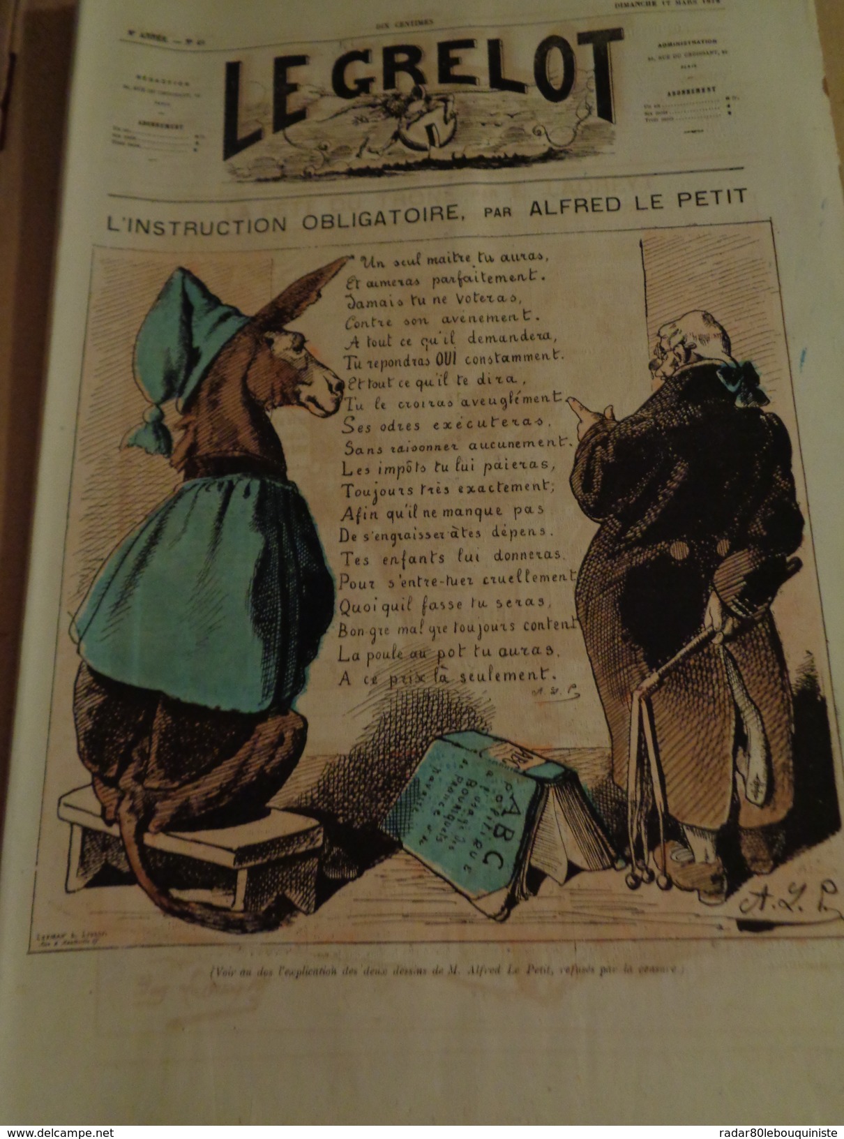 Le Grelot.2e Année.n°49.directeur-gérant,J.MADRE.Dimanche 17 Mars 1872.L'instruction Obligatoire.ALFRED LE PETIT.TTB - 1850 - 1899