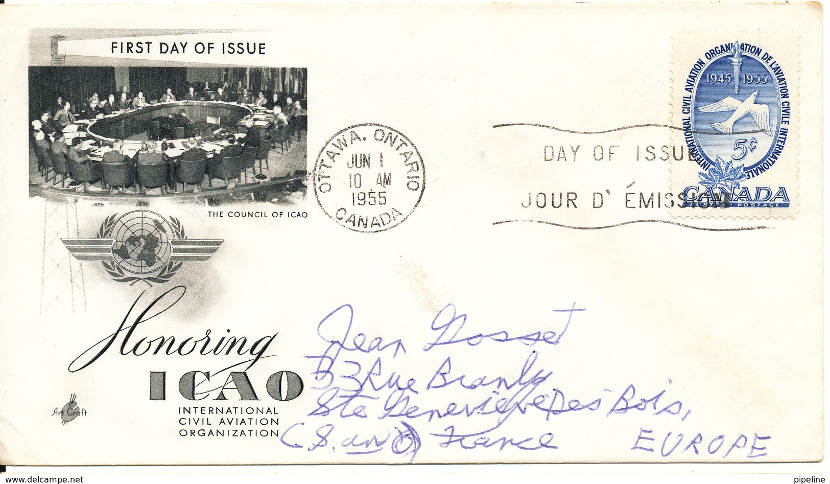 Canada FDC 1-6-1955 International Civil Aviation Organization ICAO With Art Craft Cachet Sent To France - 1952-1960