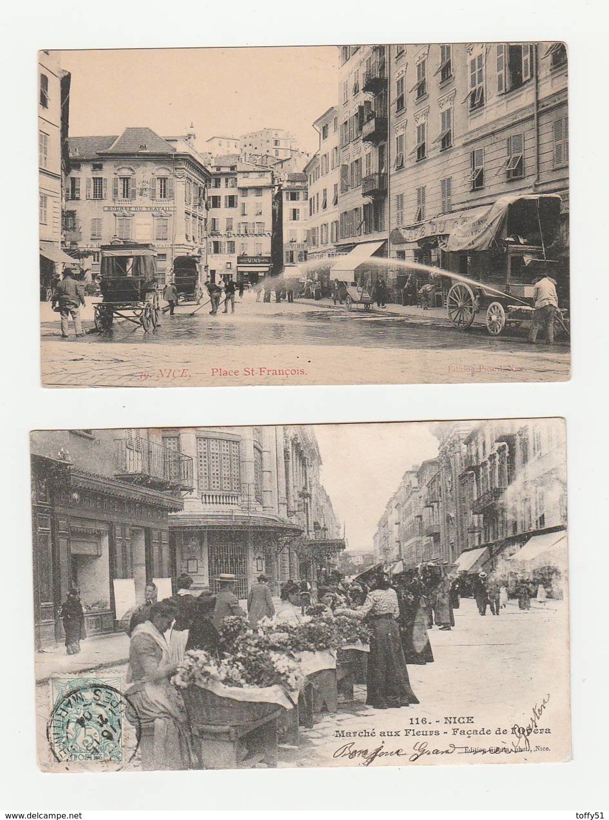 2 CPA:MARCHÉ AUX FLEURS FAÇADE DE L'OPÉRA,HOMME ARROSANT ET NETTOYANT LA PLACE SAINT-FRANÇOIS NICE (06) - Autres & Non Classés