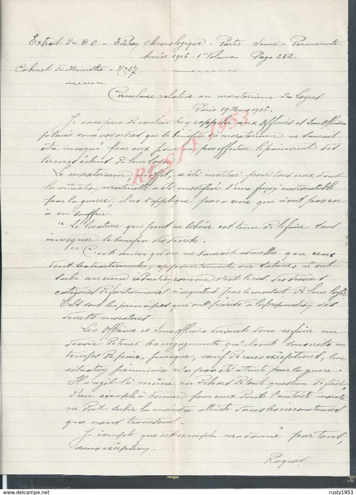 MILITARIA PARIS 1916 CIRCULAIRE RELATIVE AU MORATORIUM DES LOYERS : - Dokumente