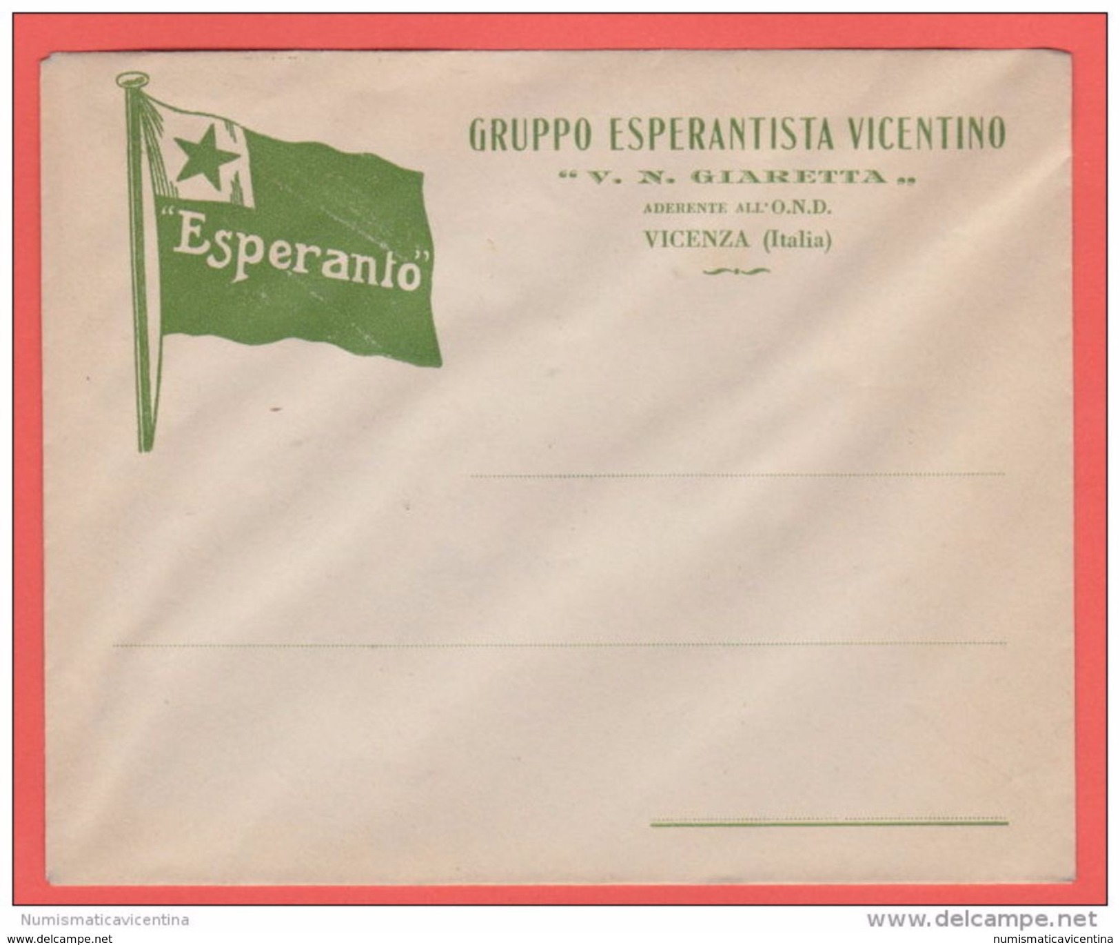 ESPERANTO Vicenza Busta OND Gruppo Esperantista Vicentino - Altri & Non Classificati