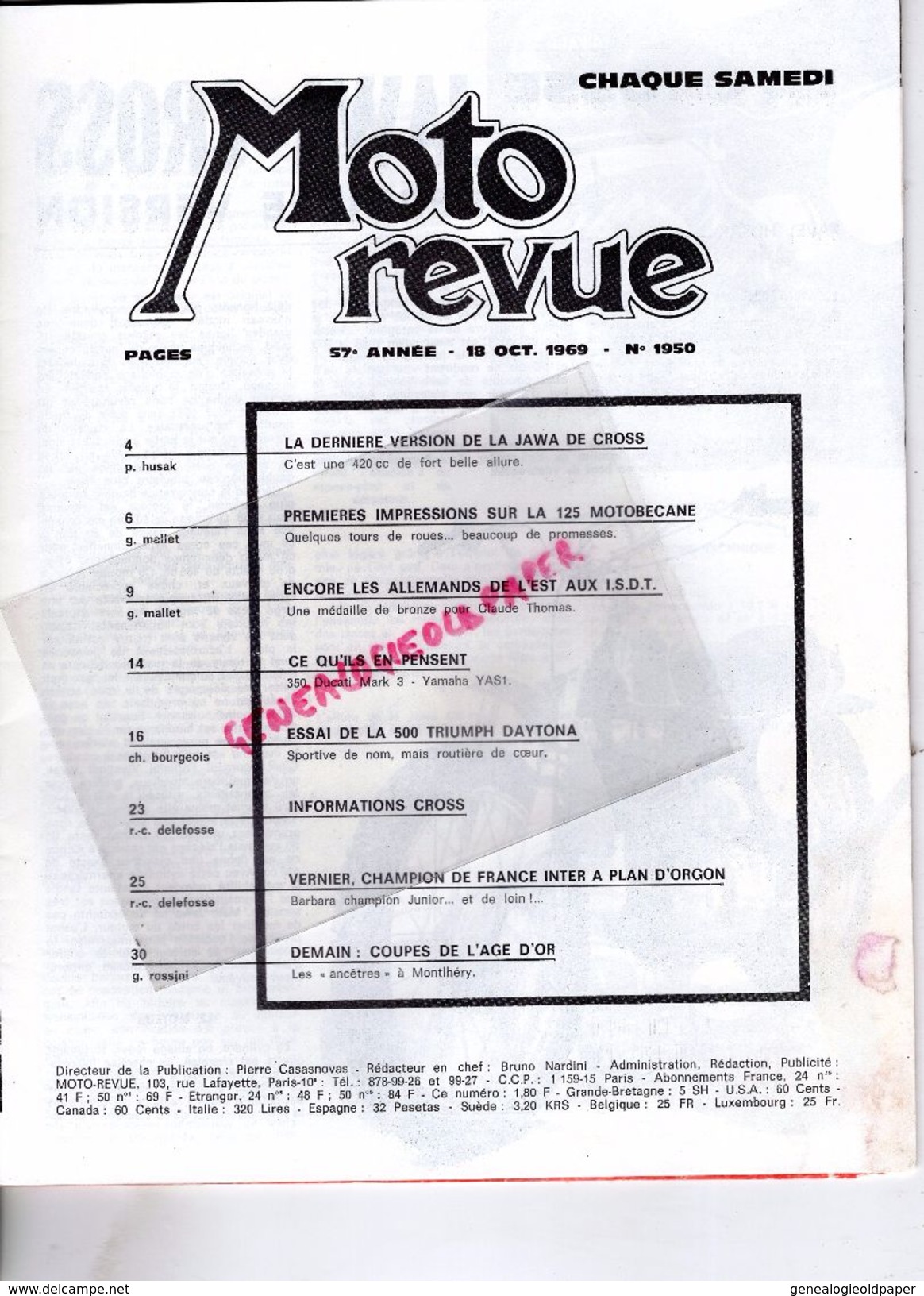 MOTO REVUE N° 1950- OCT.1969-J.VERNIER CROSS A PLAN D' ORGON-125 MOTOBECANE-350 DUCATI-JAWA CROSS-CLAUDE THOMAS GARMISCH - Moto