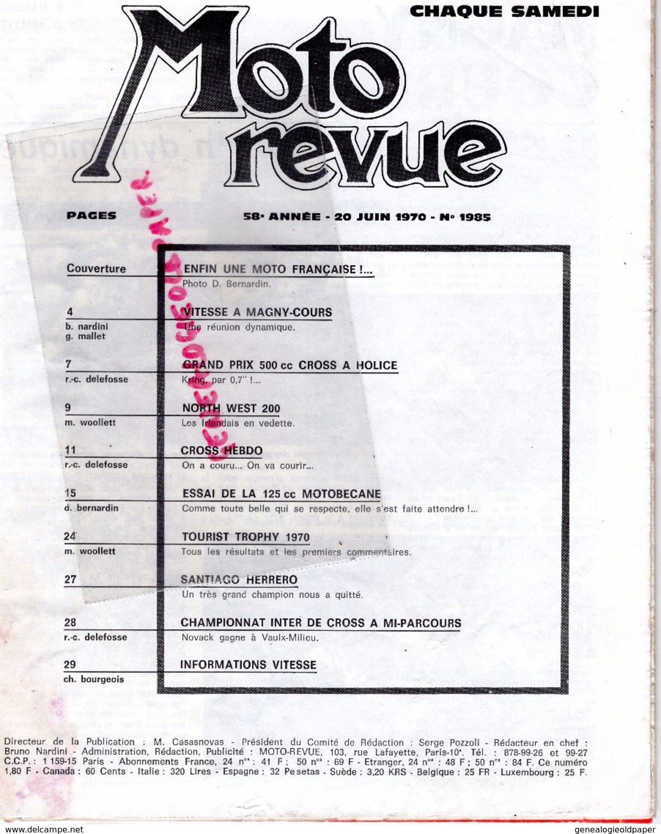 MOTO REVUE N° 1985-JUIN 1970-CROSS HOLICE TCHECOSLOVAQUIE-NORTH WEST 200-MAGNY COURS-125 MOTOBECANE-ARNE KRING-ABERG- - Motorrad